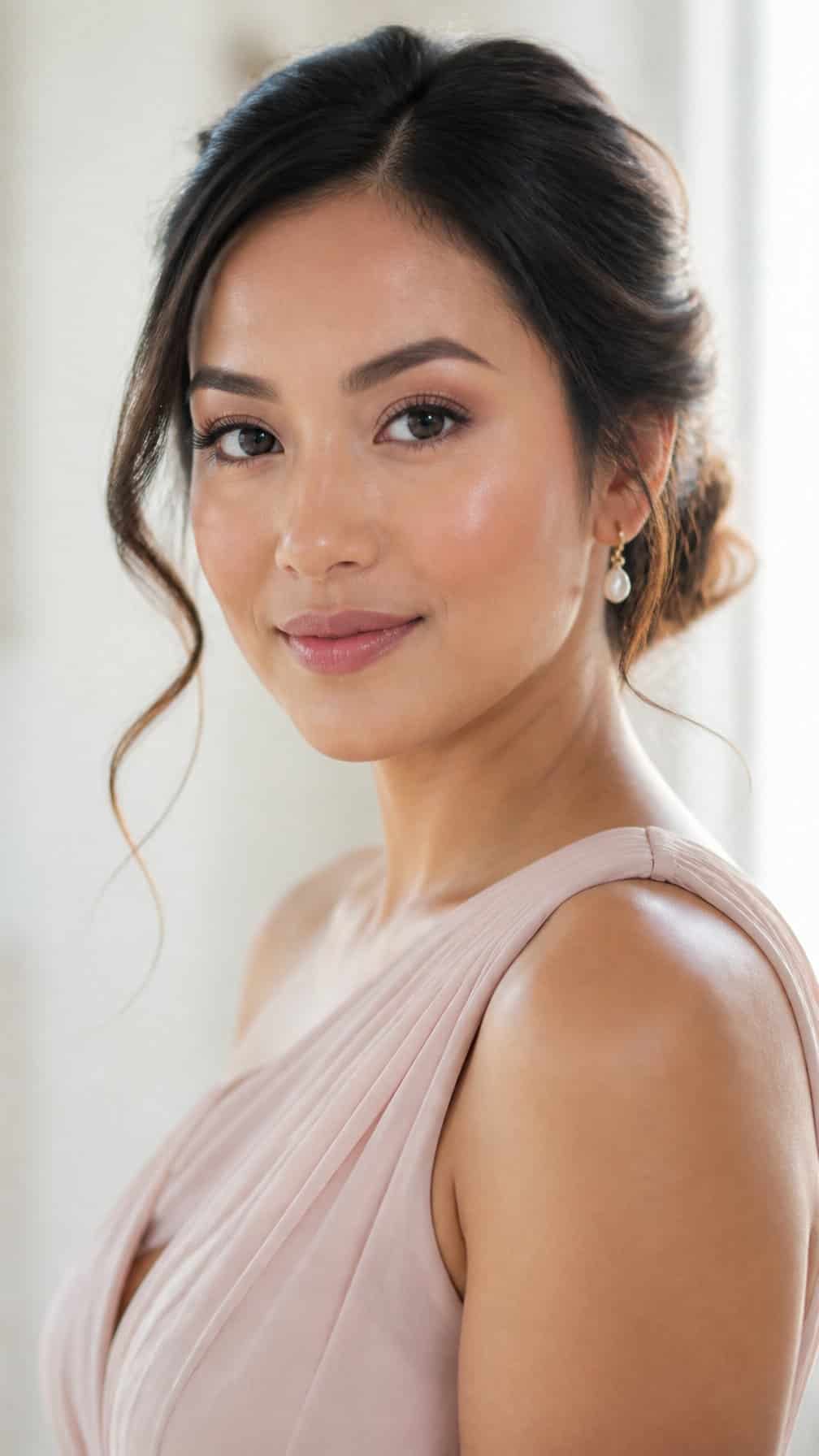Bridesmaid wearing soft natural makeup with rosy cream blush.