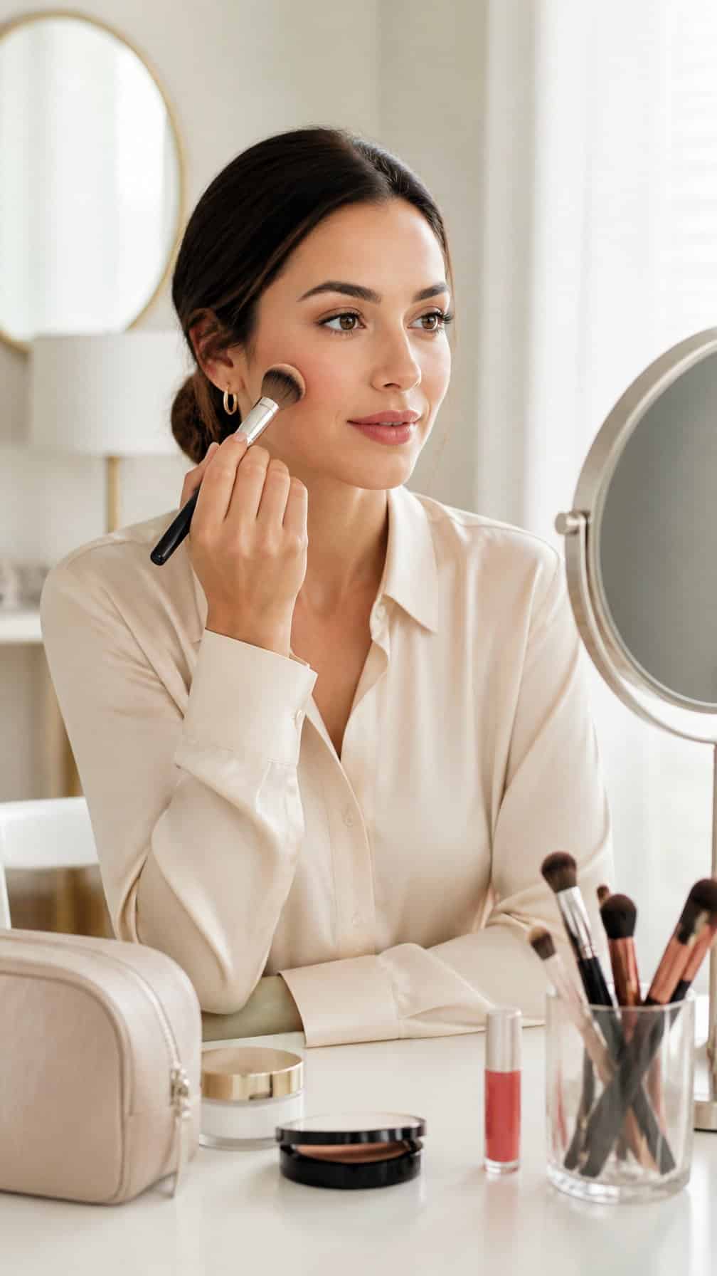 A woman with natural makeup applies a final touch at a tidy vanity in soft morning light.