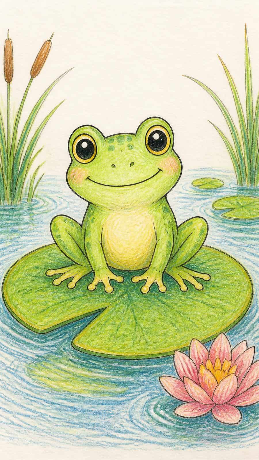 A hand-drawn artwork of frog sitting on a lily pad.