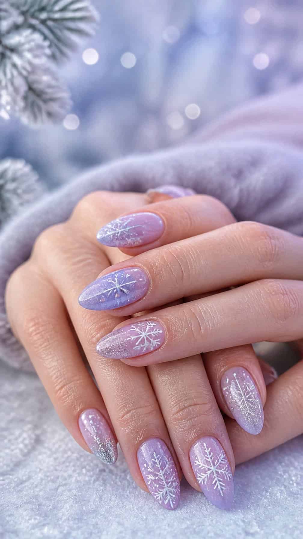 A close-up of hands with frosted lavender nails decorated with white snowflakes.
