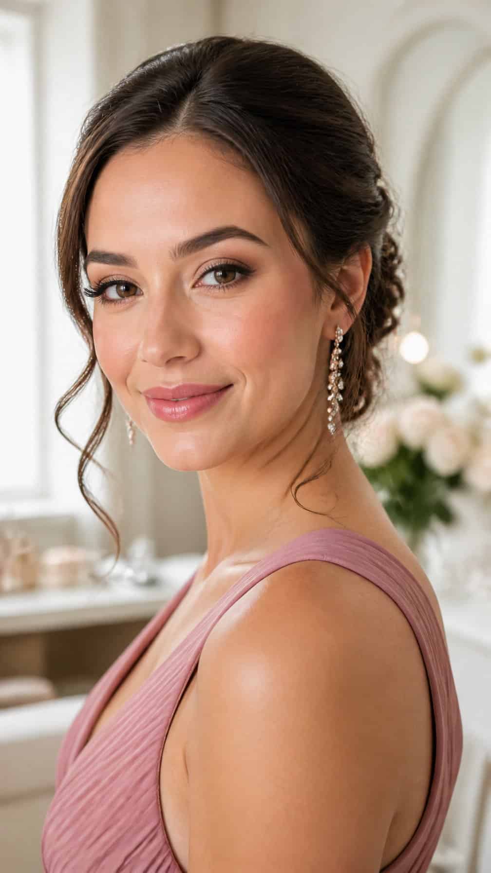 Bridesmaid wearing polished full-coverage makeup in an elegant wedding preparation setting.