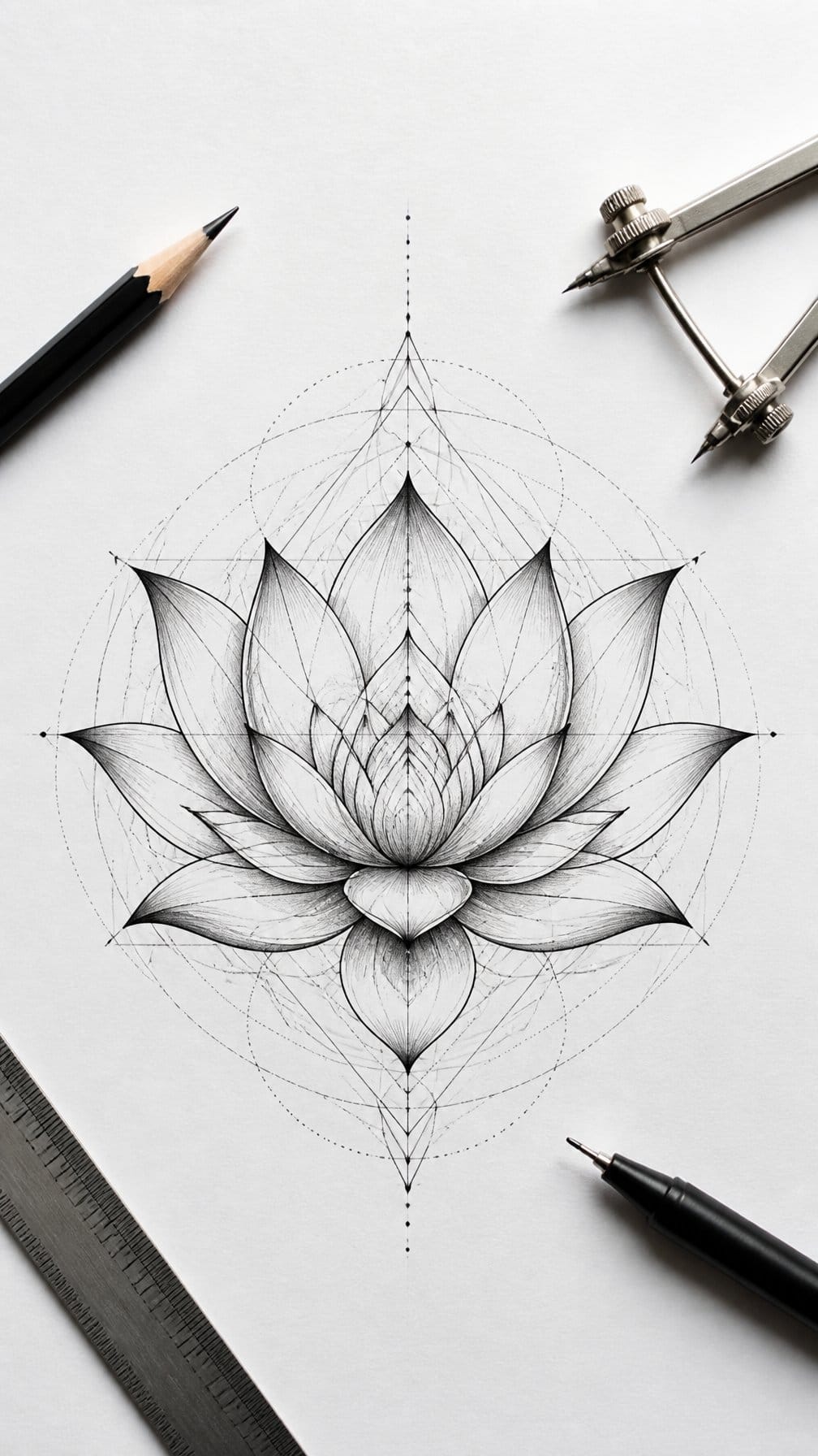 A geometric lotus flower drawing on white paper with drawing tools arranged nearby.