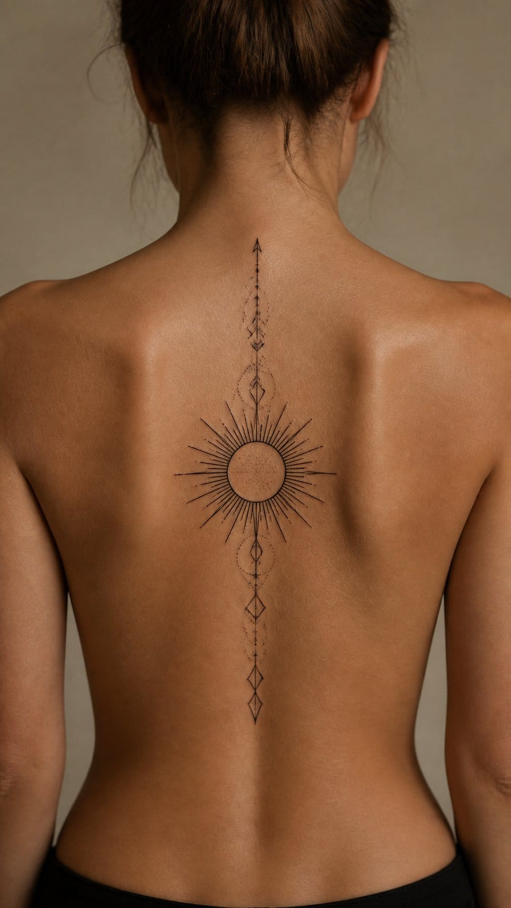A person’s back with a symmetrical geometric sun tattoo aligned along the spine.