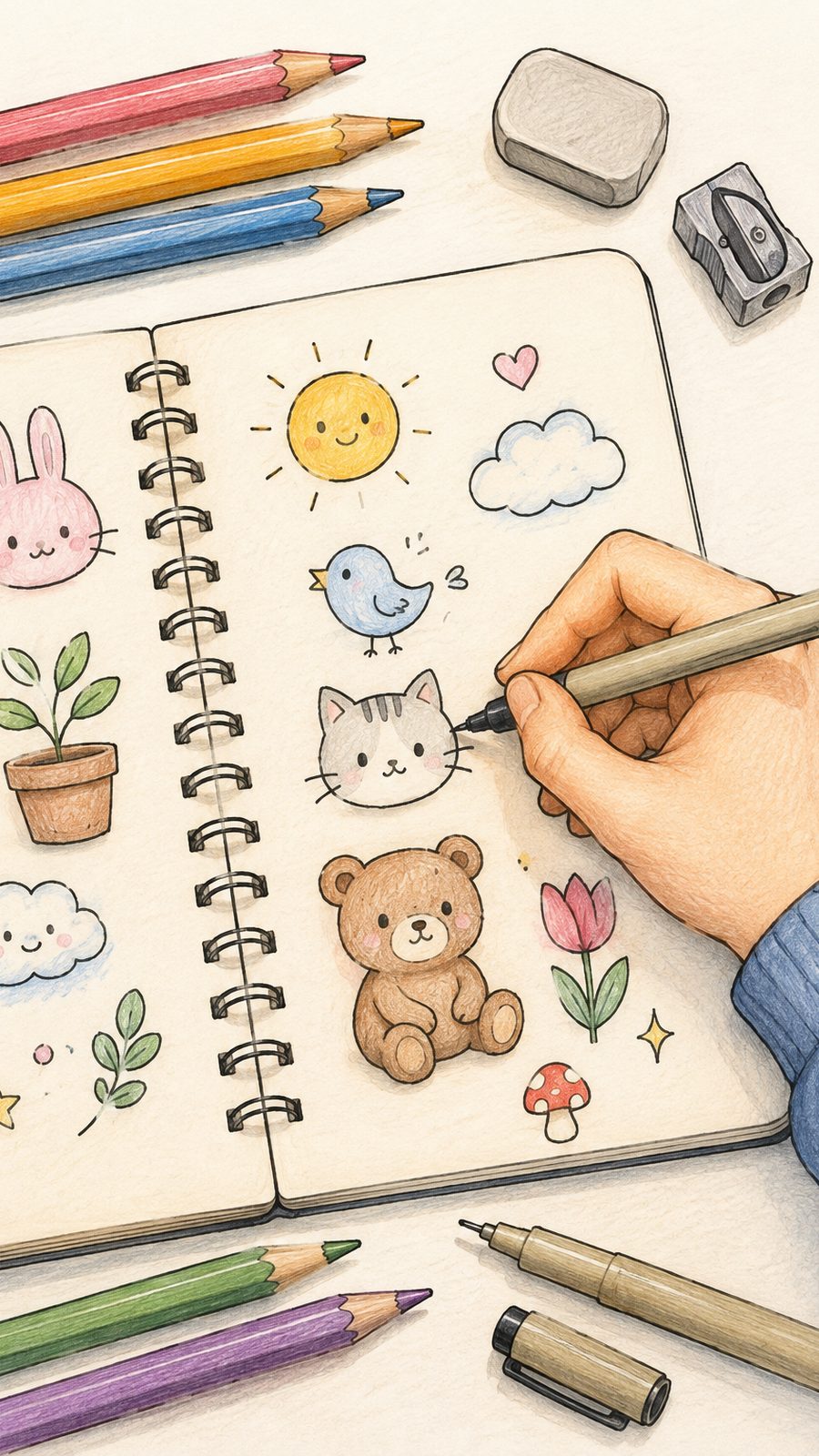 A hand-drawn artwork of getting started with simple drawing supplies.