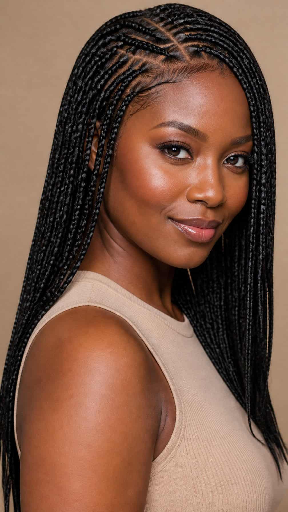 A woman poses against a neutral background with long, neatly arranged braids over her shoulders.