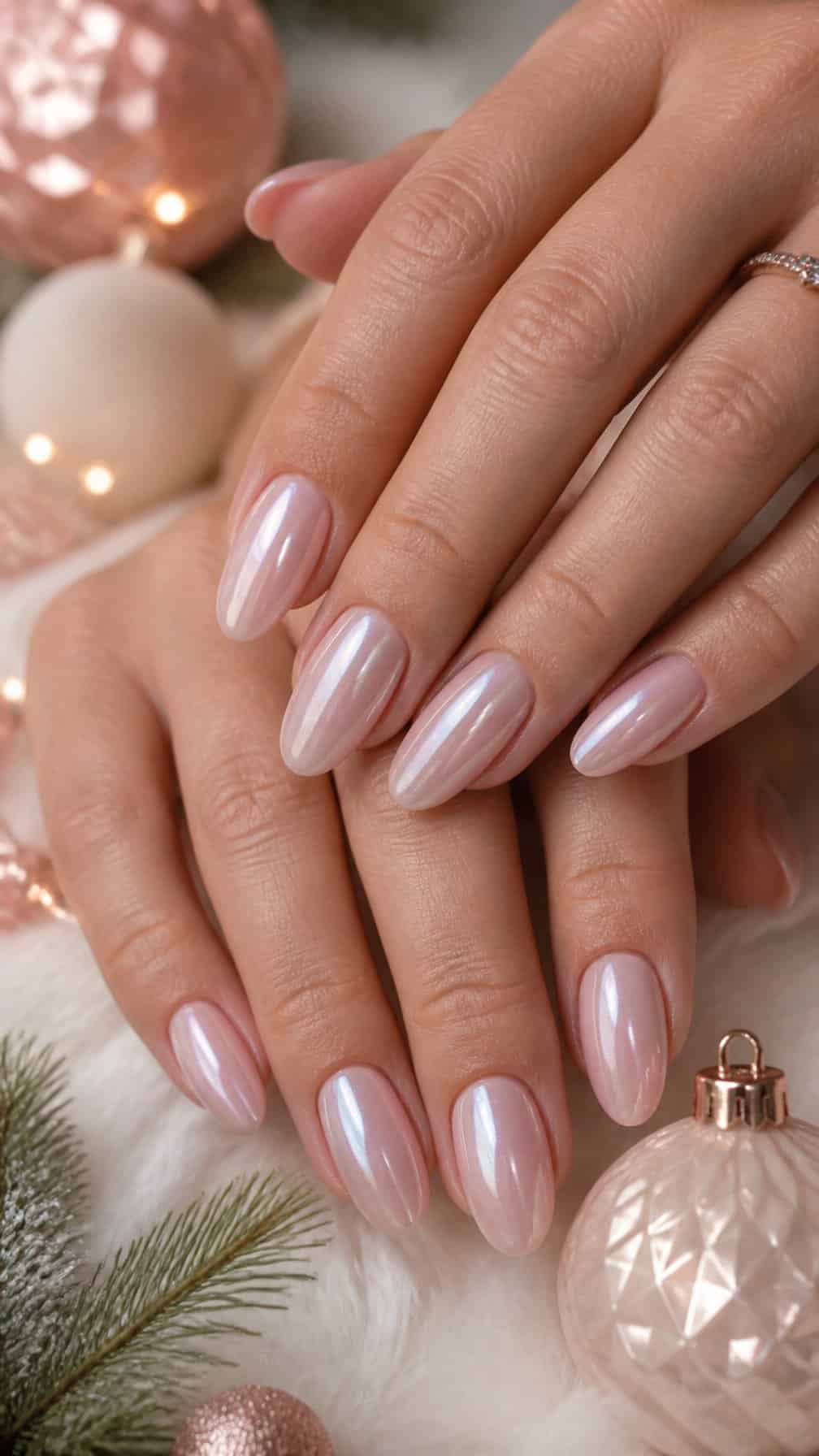 Close-up of hands with glossy sheer pink almond-shaped nails beside soft holiday decorations.