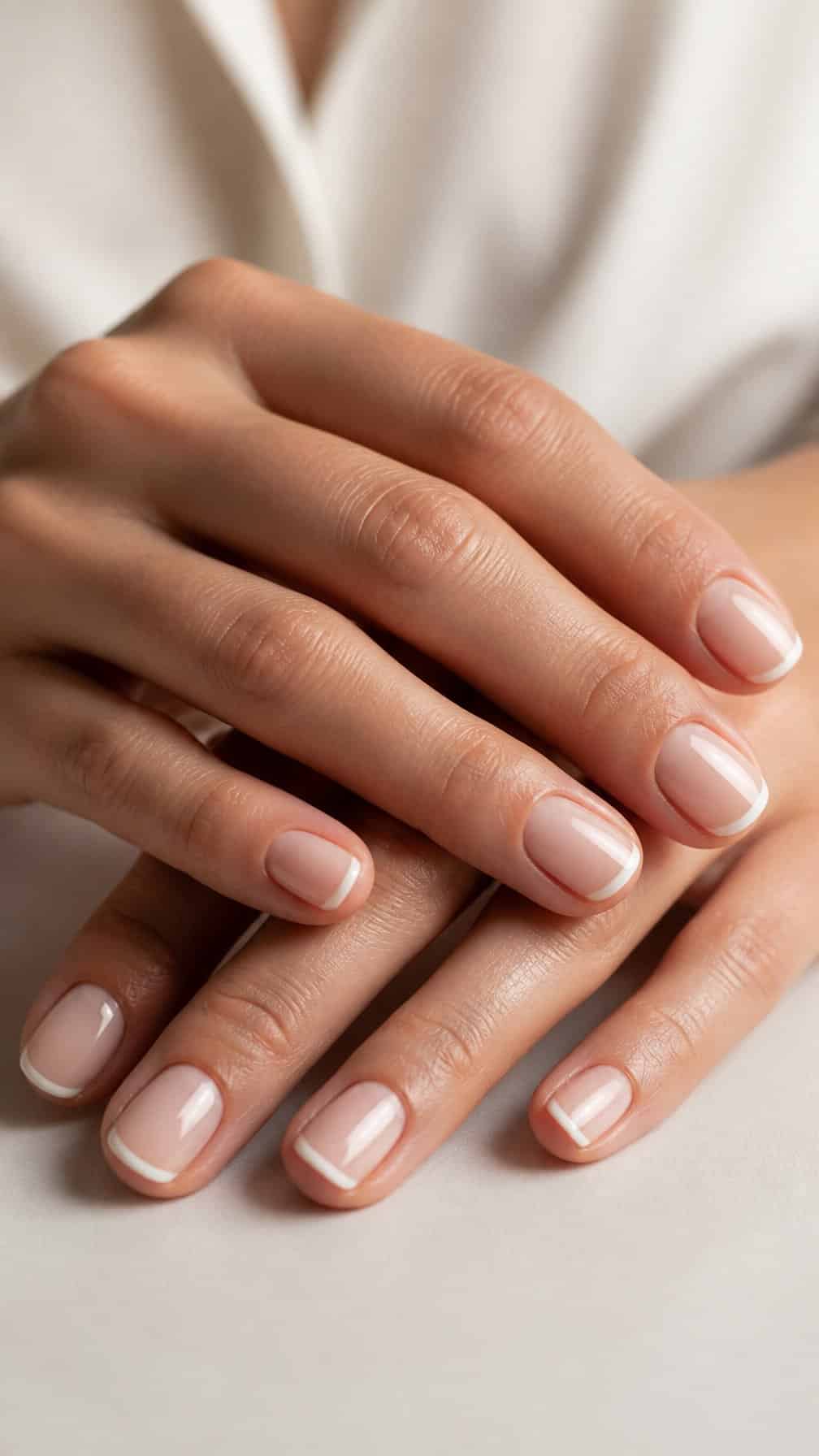 A close-up of a hand with short glossy nude nails and thin white French tips.