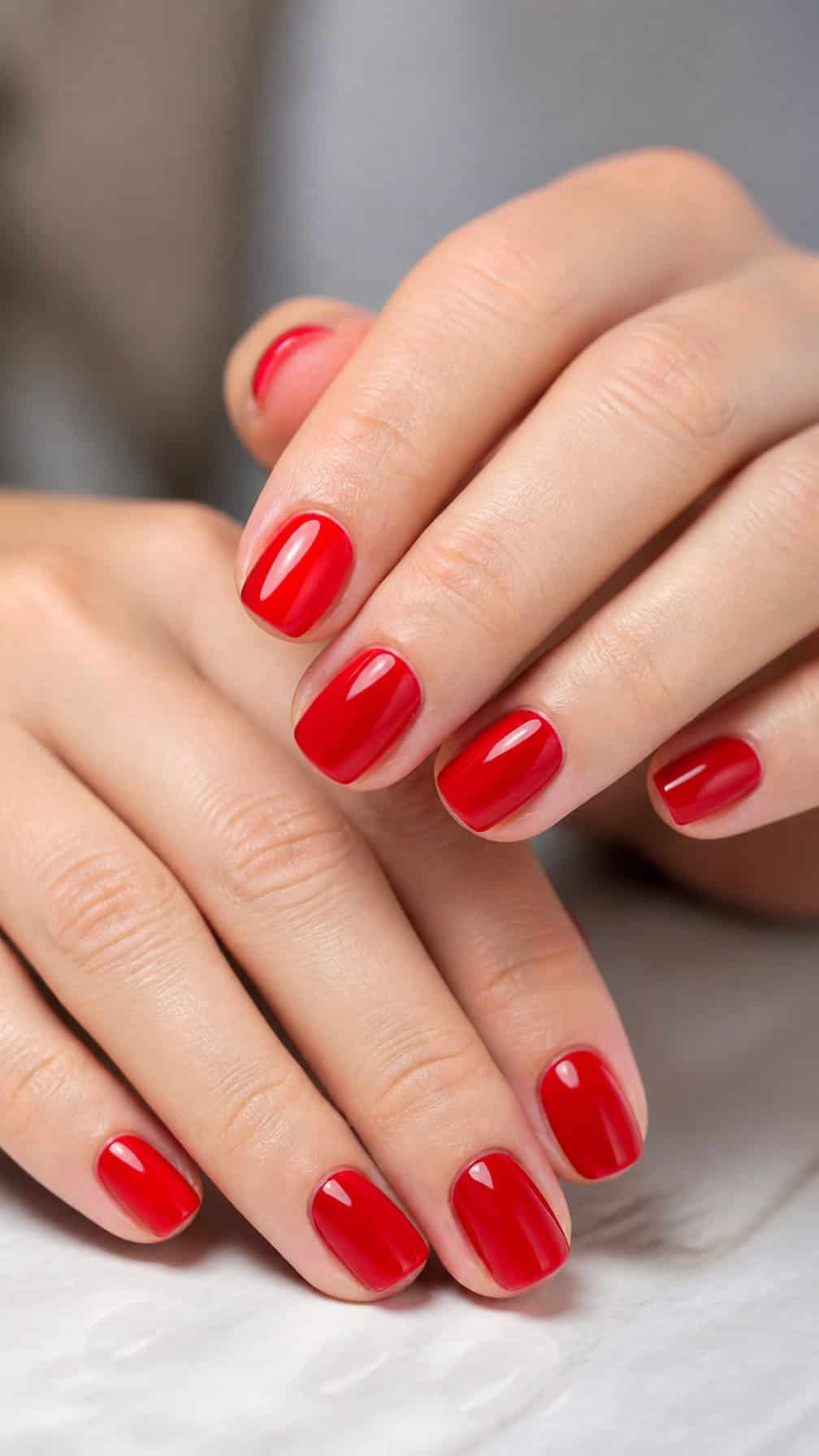 A close-up of hands with glossy solid cherry-red painted nails.