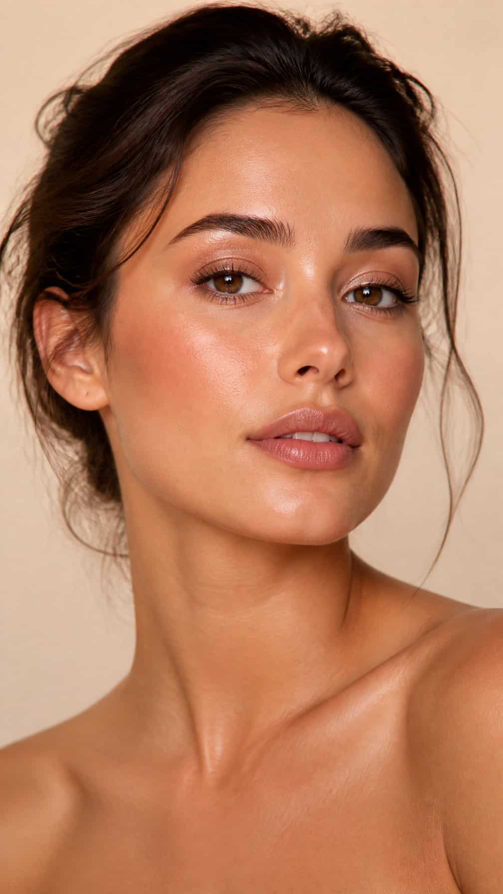 Close-up portrait of a woman with glowing skin, softly defined eyes, and nude lips.