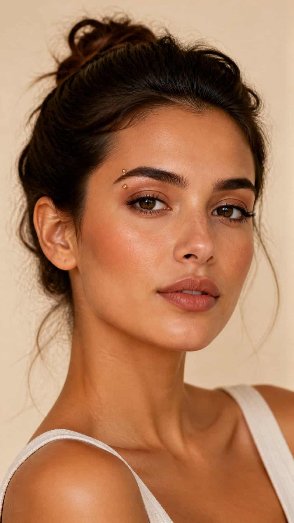 Close-up portrait of a woman wearing a small gold eyebrow piercing.
