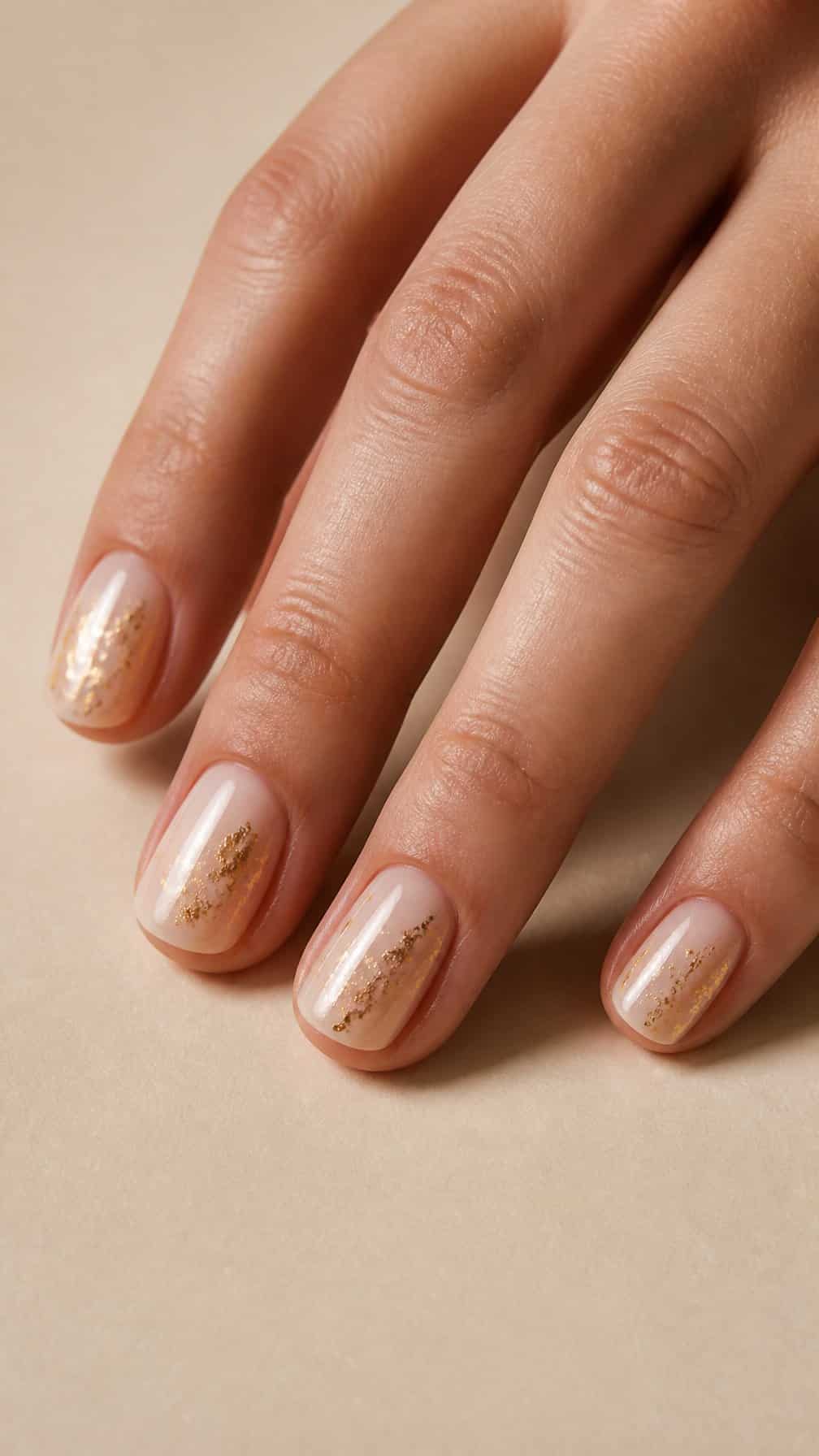 A hand displaying short nude nails with delicate gold foil accents.