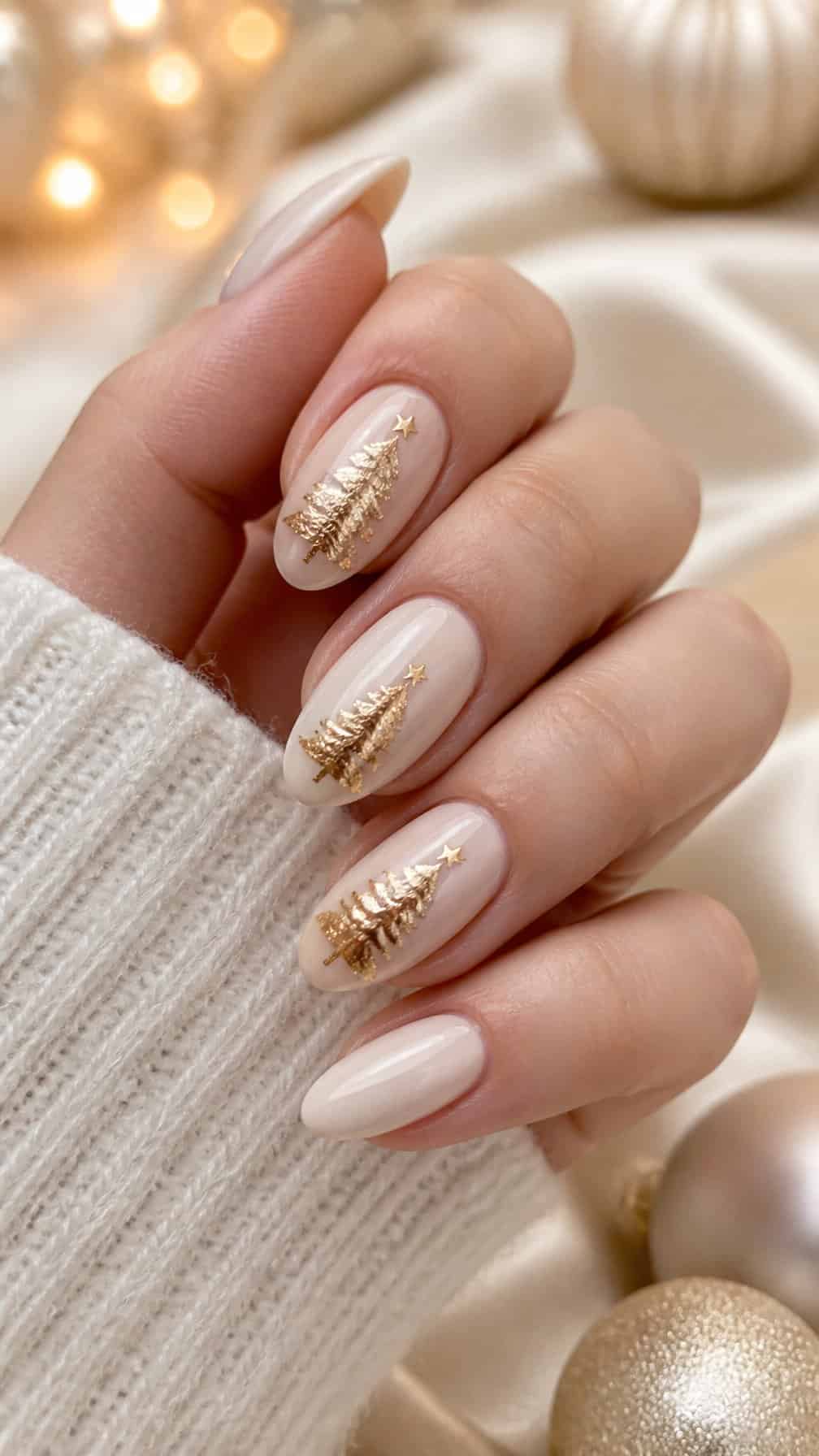 A close-up of a hand with neutral almond-shaped nails featuring metallic gold Christmas tree designs.