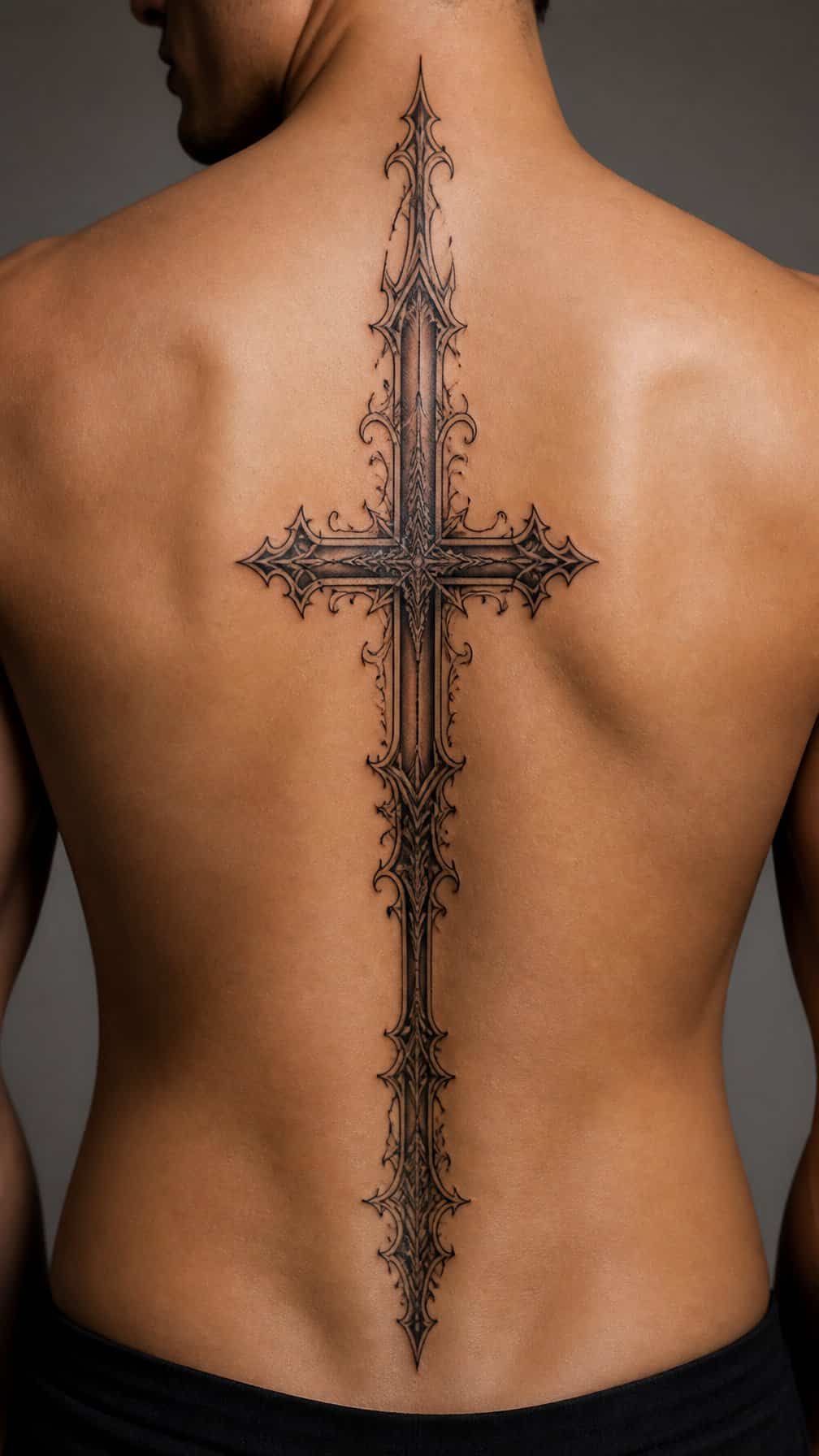 A person’s back with a Gothic cross tattoo running vertically along the spine.