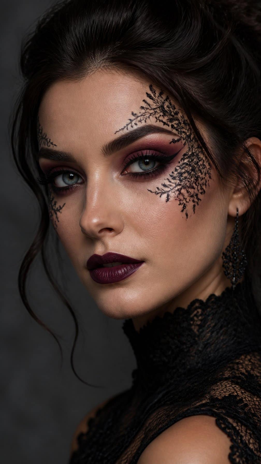 Adult model wearing elegant black lace-inspired makeup and a lace collar.