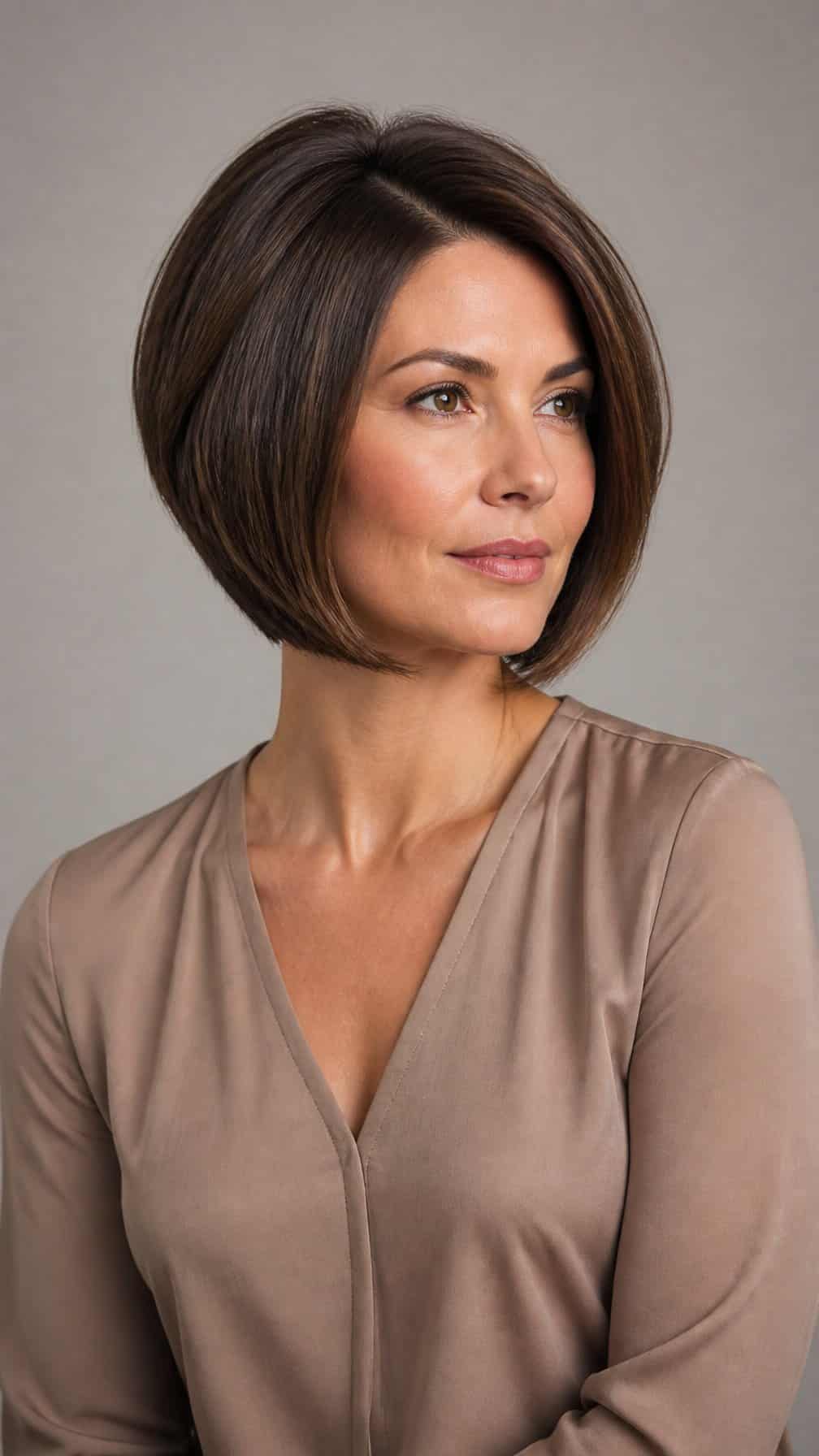 Woman with a sleek graduated bob haircut posing against a plain background.