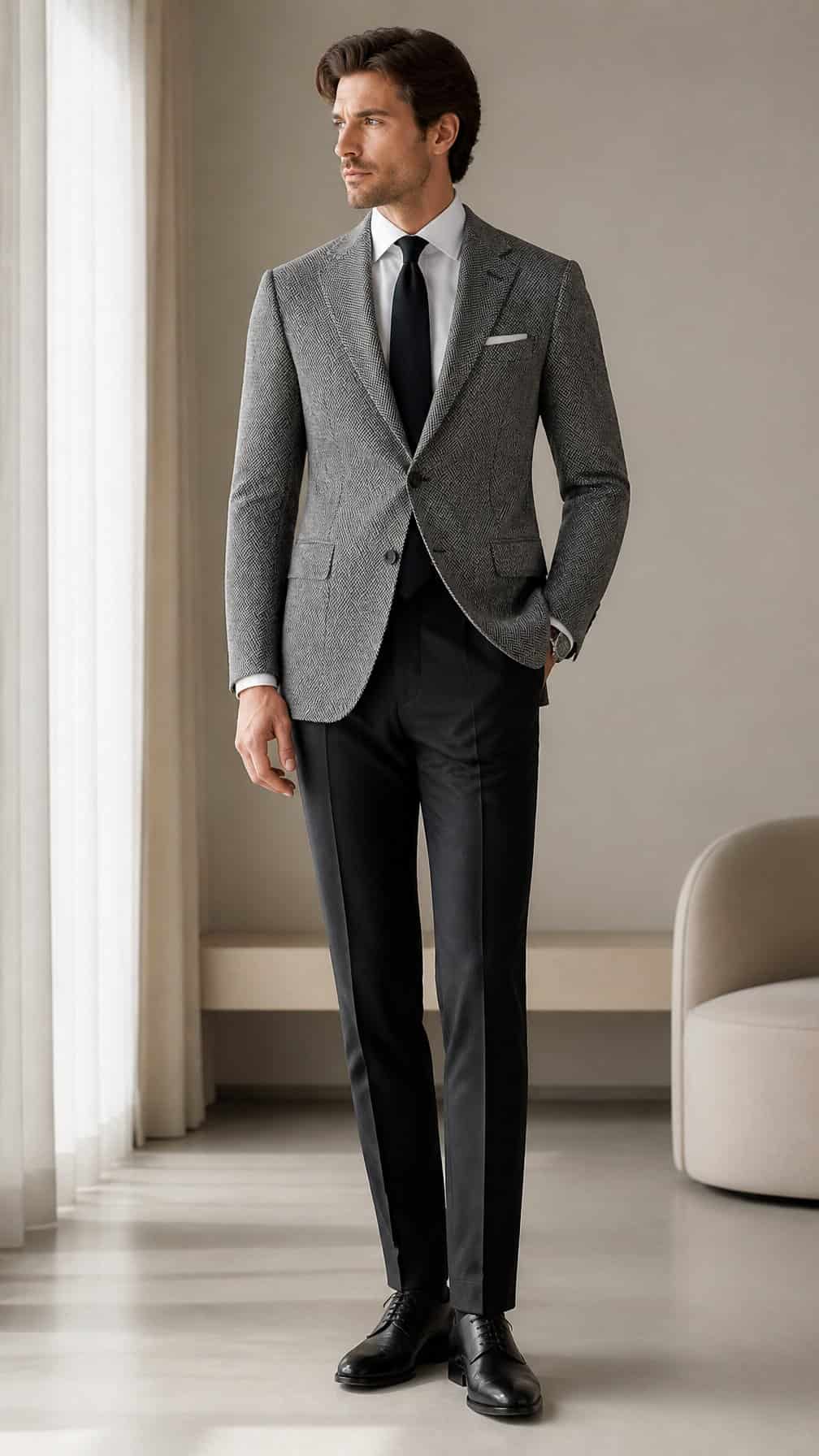 A man wearing a gray herringbone blazer, white shirt, tie, dark trousers, and black dress shoes stands in a bright neutral interior.