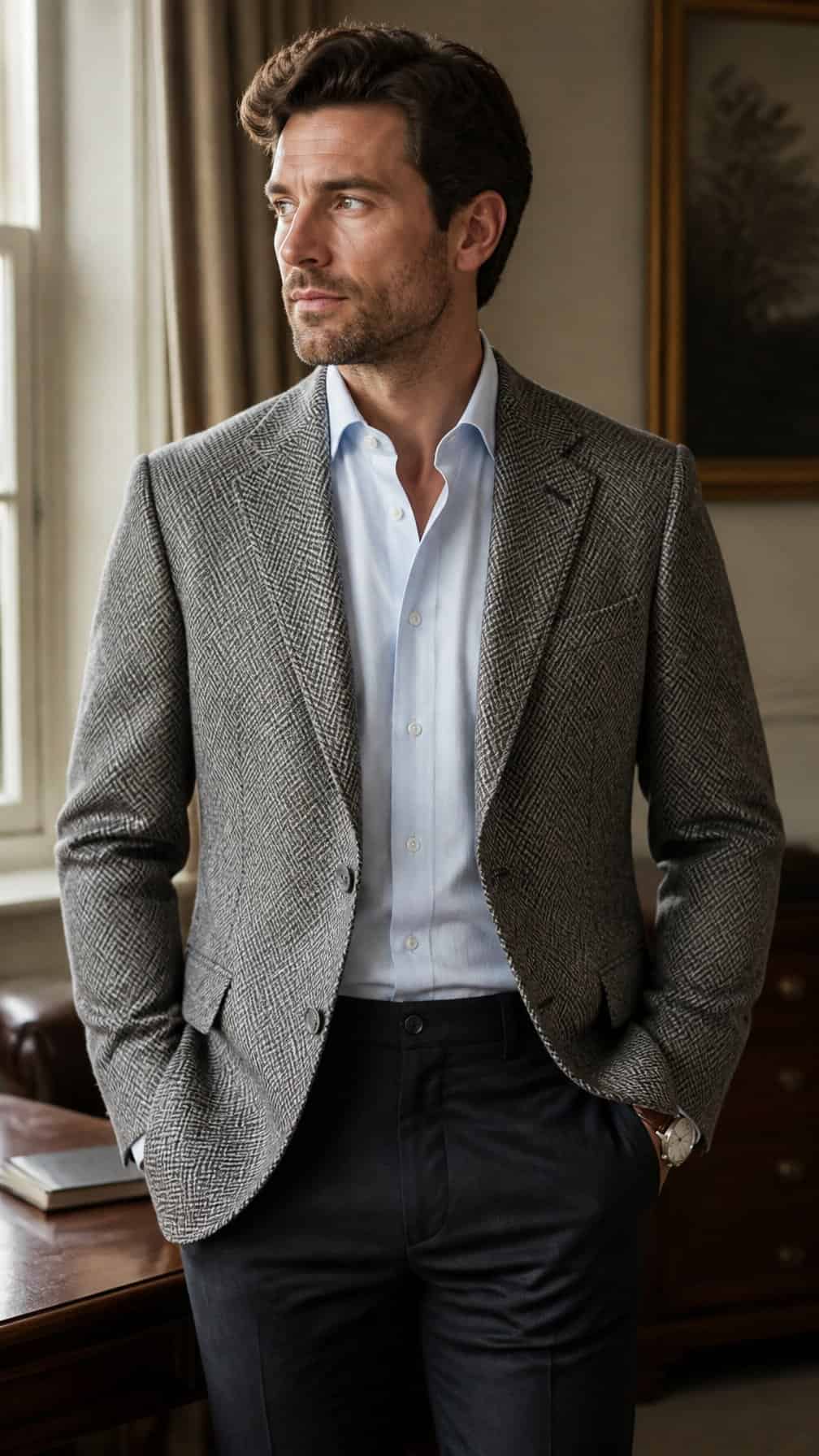A man wearing a gray herringbone sport coat in a refined interior.