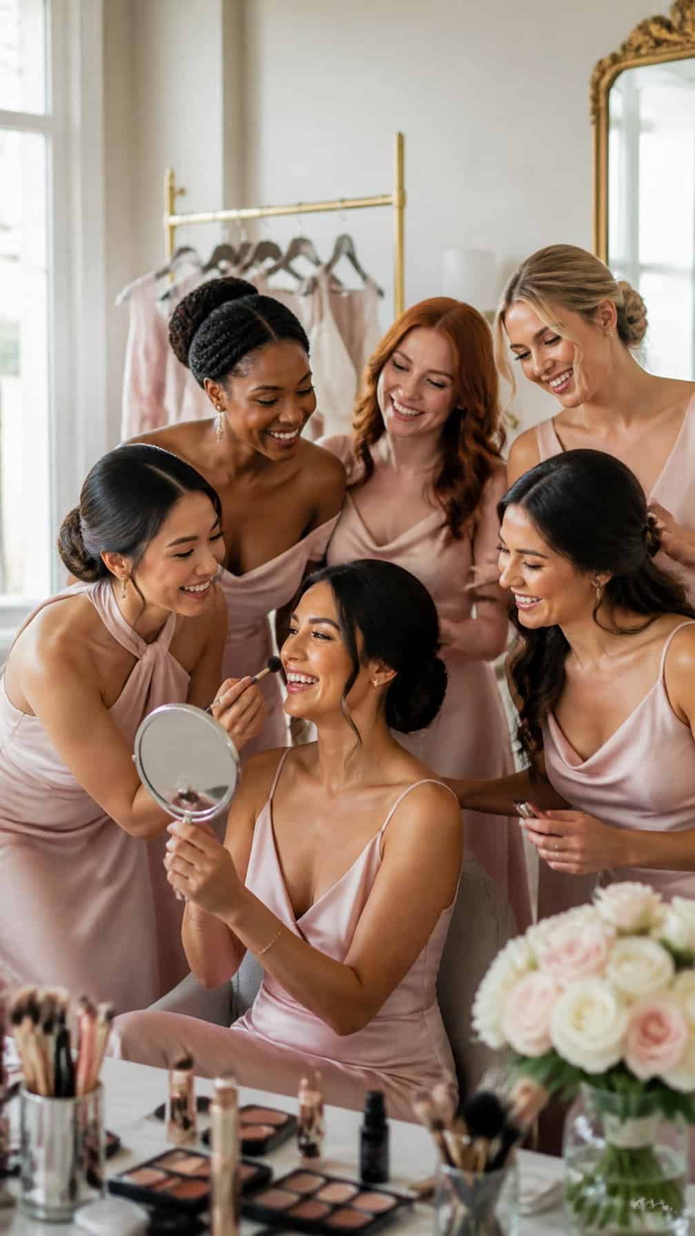 A group of bridesmaids with polished makeup gather together in a bright wedding preparation room.