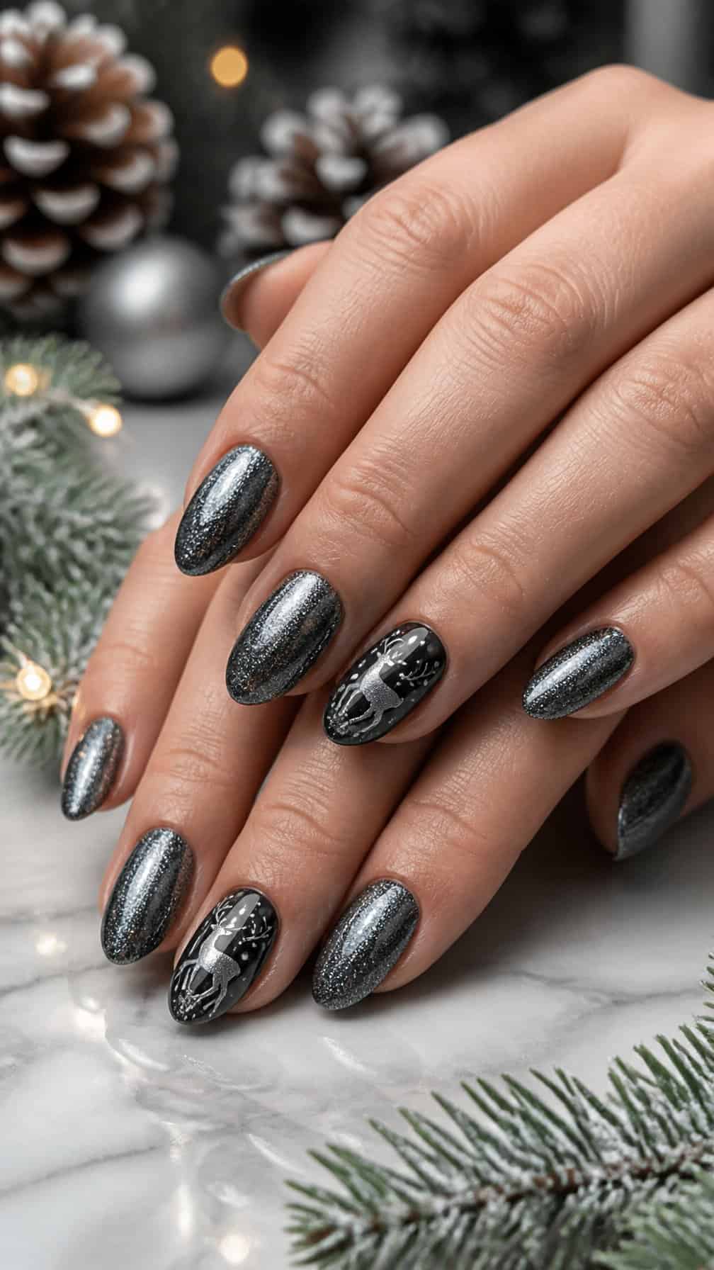 Close-up of hands with gunmetal glitter nails decorated with small reindeer designs beside winter greenery and pinecones.