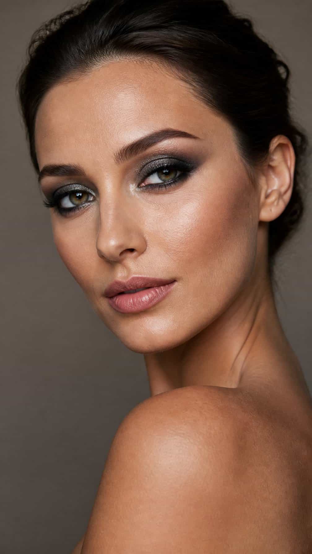 Close-up portrait of a woman wearing dark metallic eye makeup.