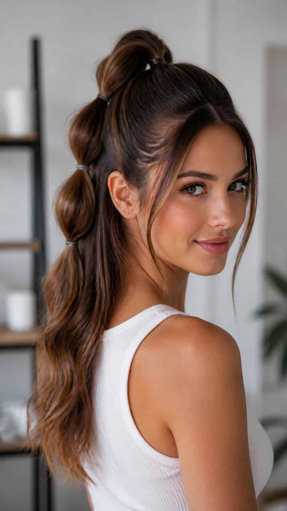 A person wearing a half-up ponytail styled into several rounded sections, with the rest of the hair left loose.