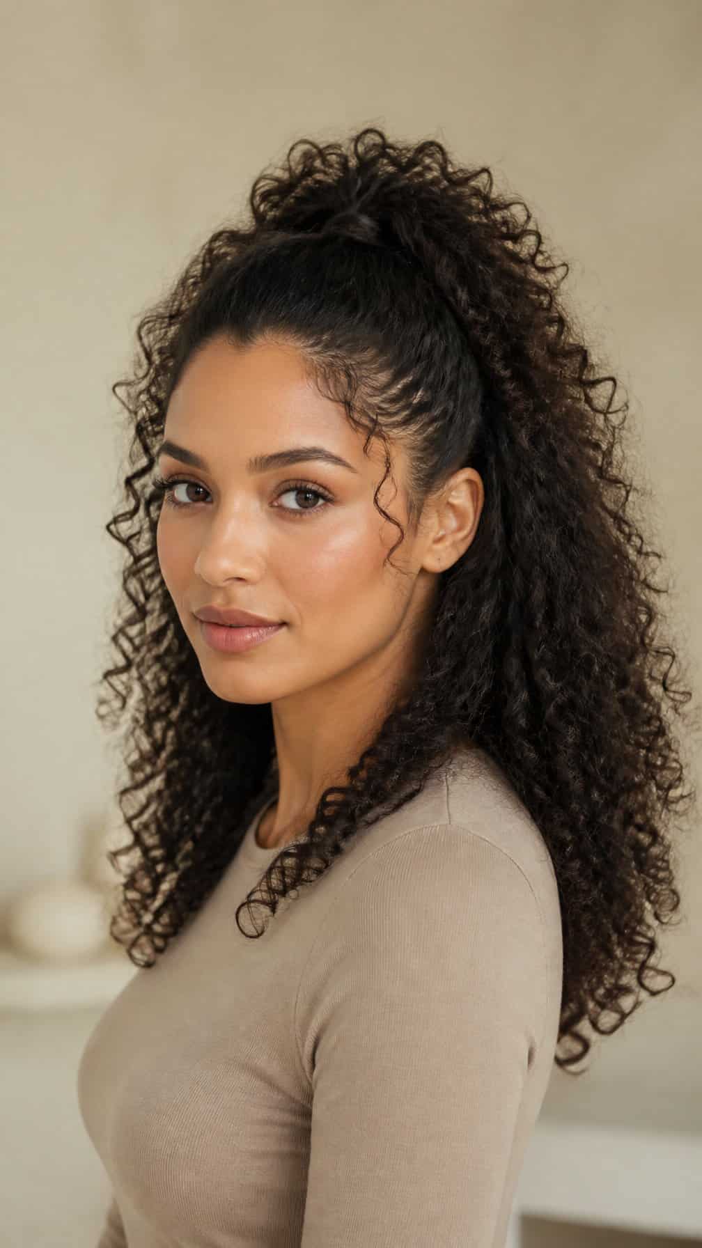 A woman with curly hair styled in a half-up ponytail poses against a light background.