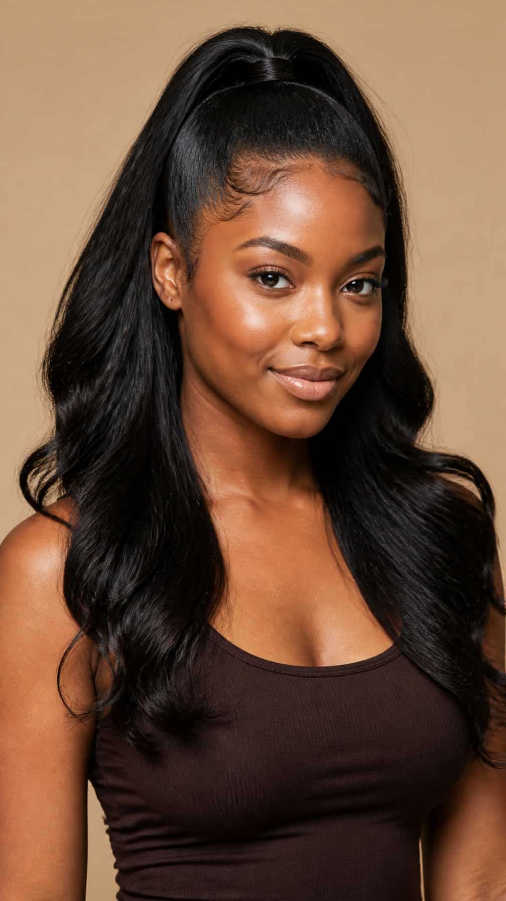 A woman with long polished hair poses against a neutral background.