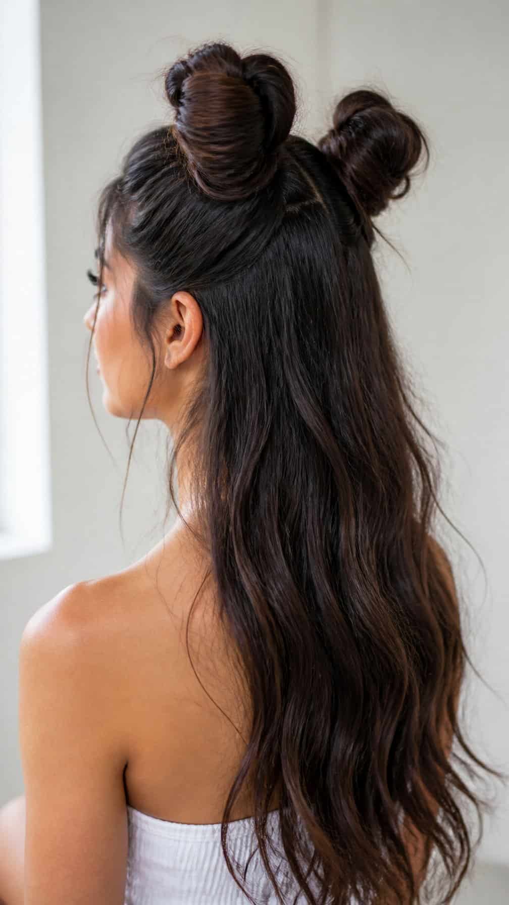 Person with long hair styled in two high buns with the rest flowing down.