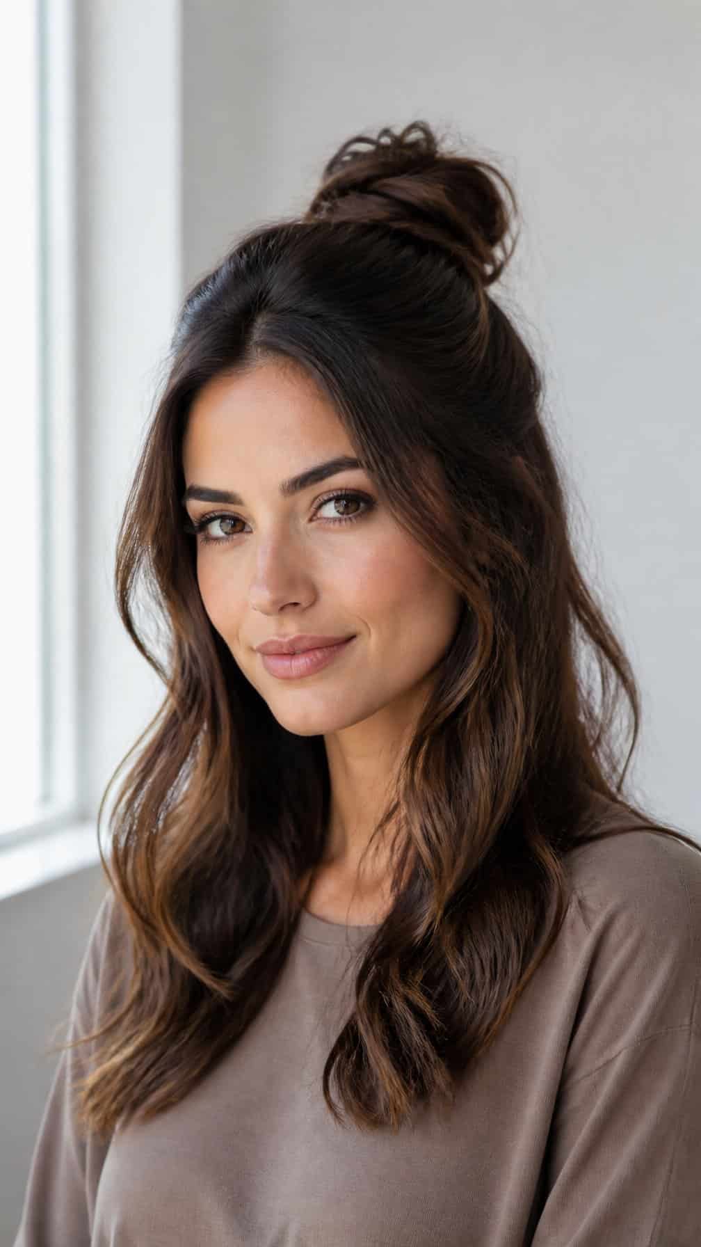 Woman wearing a half-up top knot with the rest of her hair falling over her shoulders.