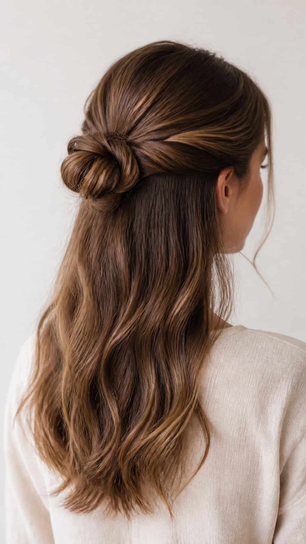 A woman shown from behind wearing a half-up twisted bun with loose hair falling over her shoulders.