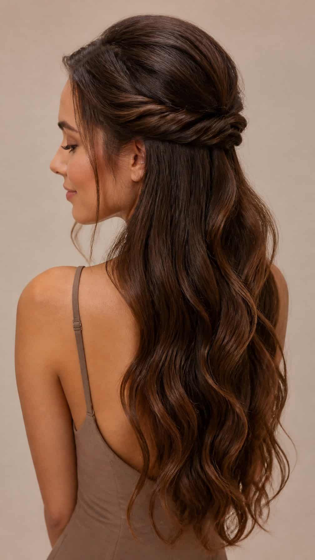 A woman with long hair styled in a twisted half-up crown.