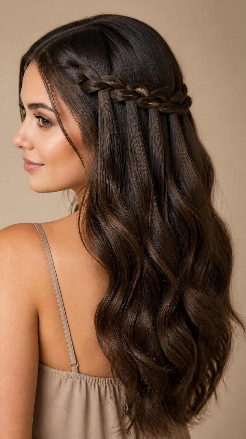 Woman with long hair styled in a half-up waterfall braid.