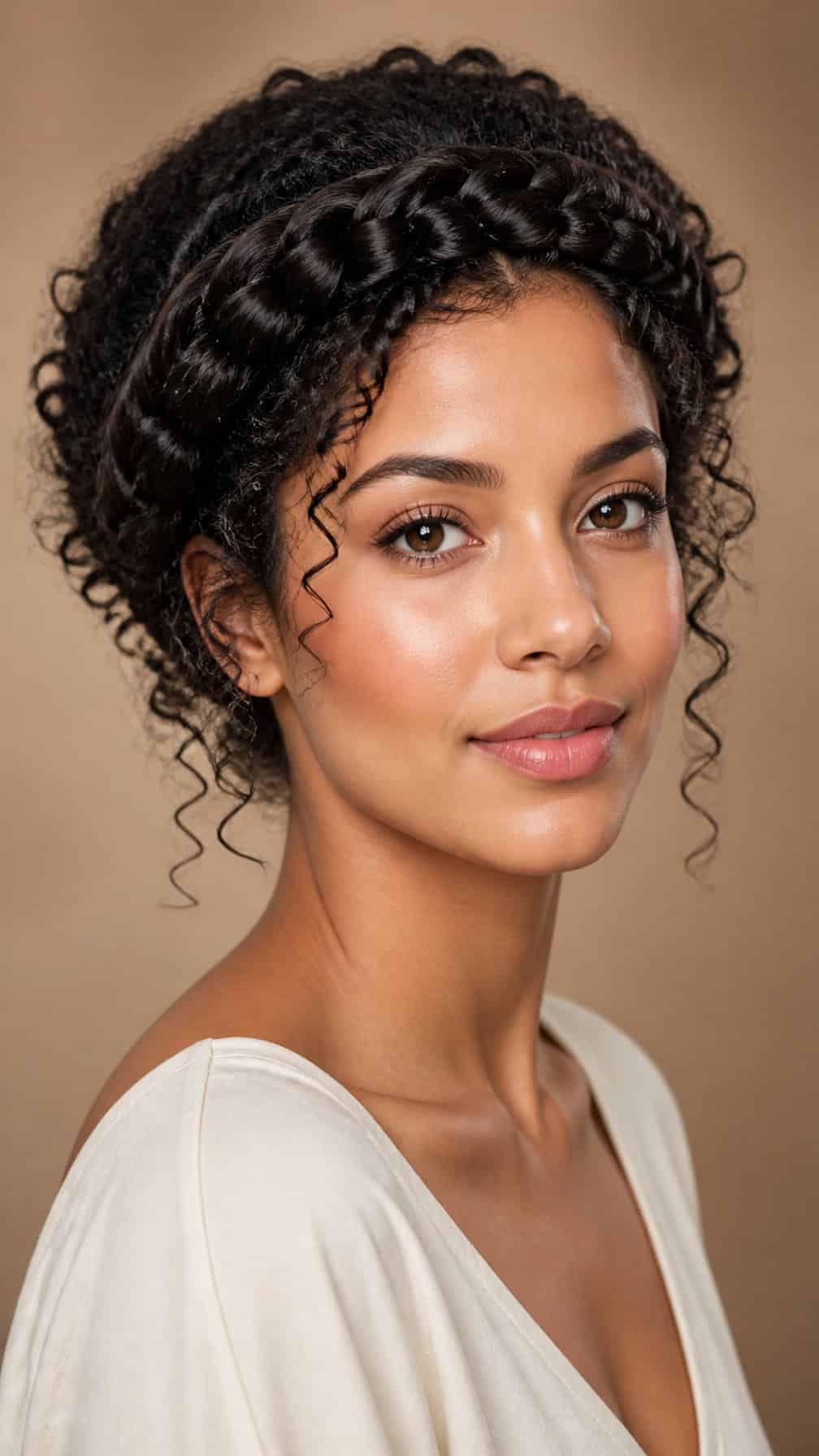 Woman with long curly hair arranged in a halo braid around her head.