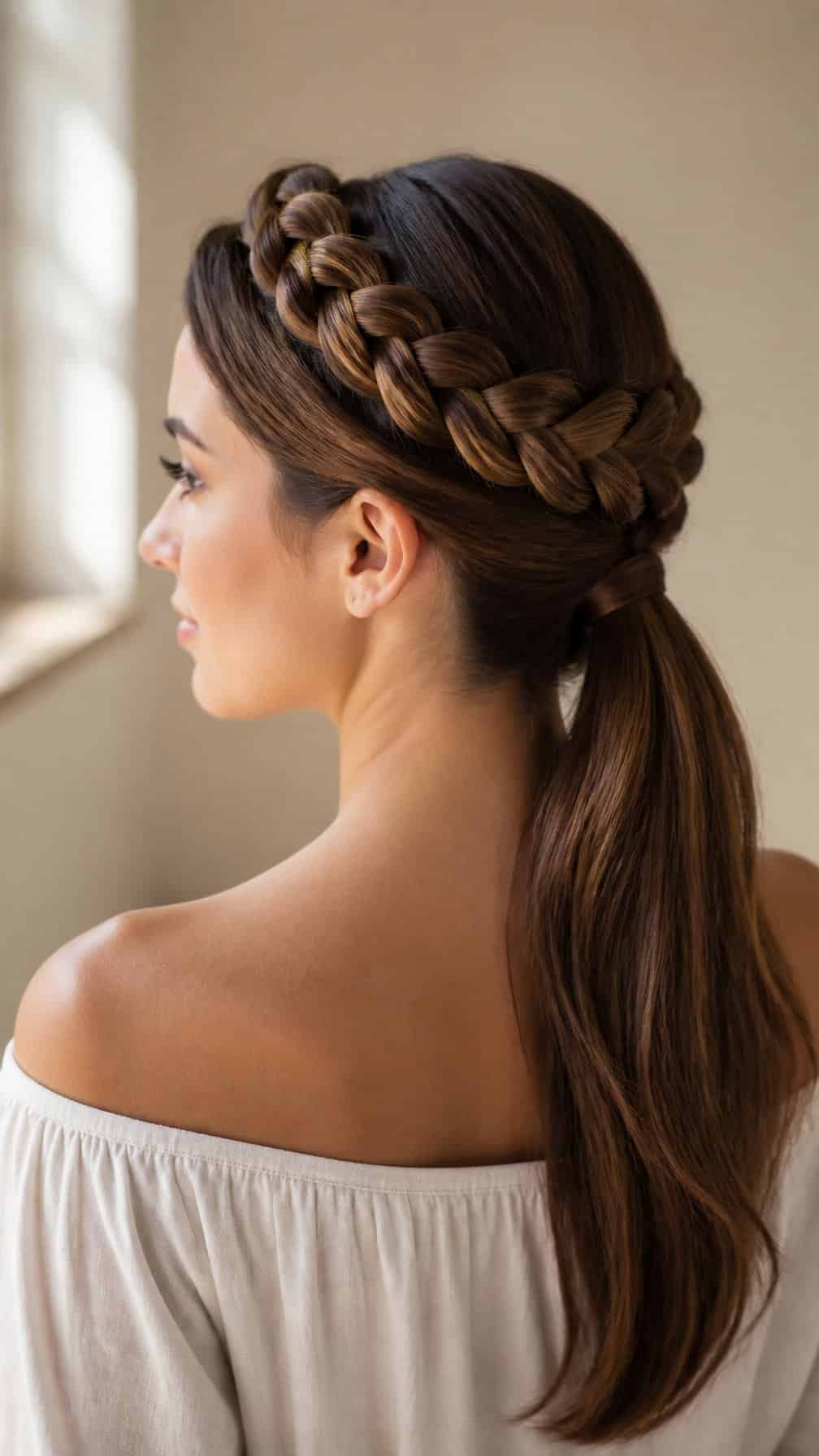 Woman with long hair arranged in a braid around the crown of her head.
