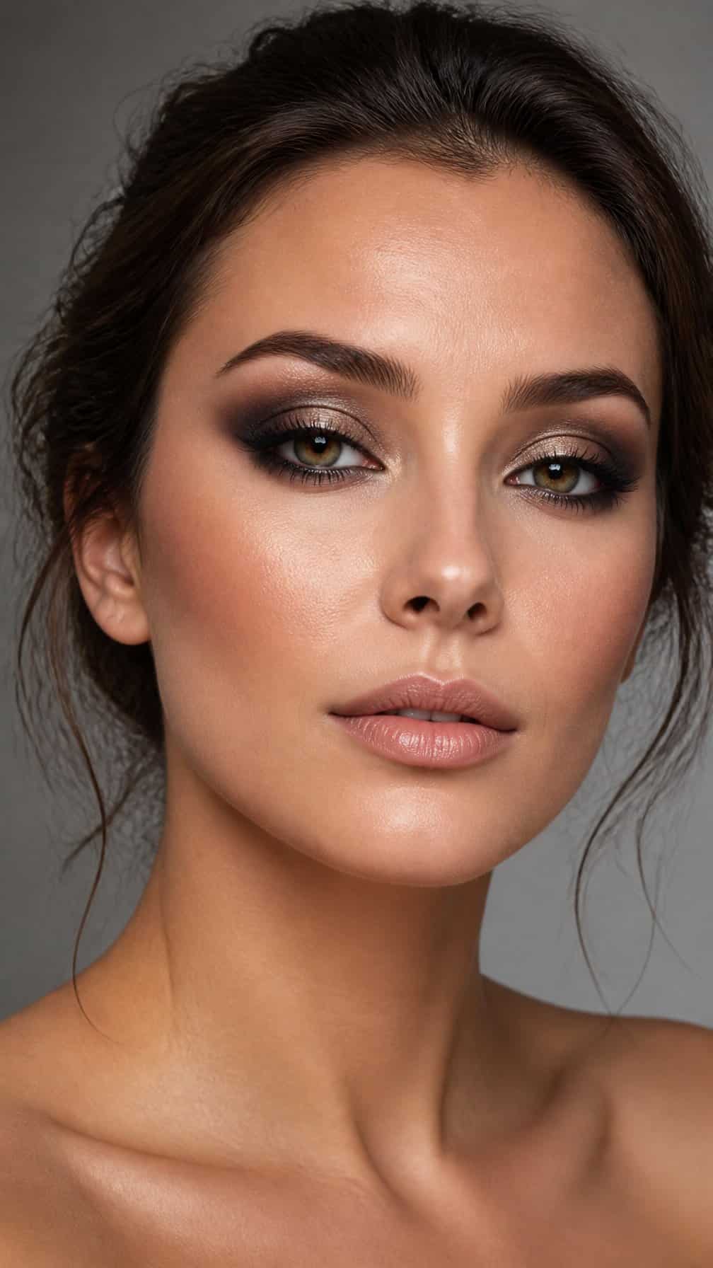 Close-up portrait of a woman wearing blended dark eye makeup with a lighter center on each eyelid.