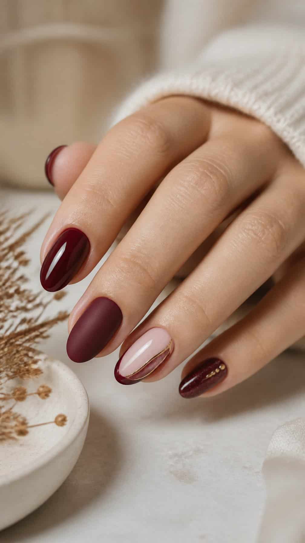 A hand displays several elegant burgundy manicure designs on a light neutral surface.