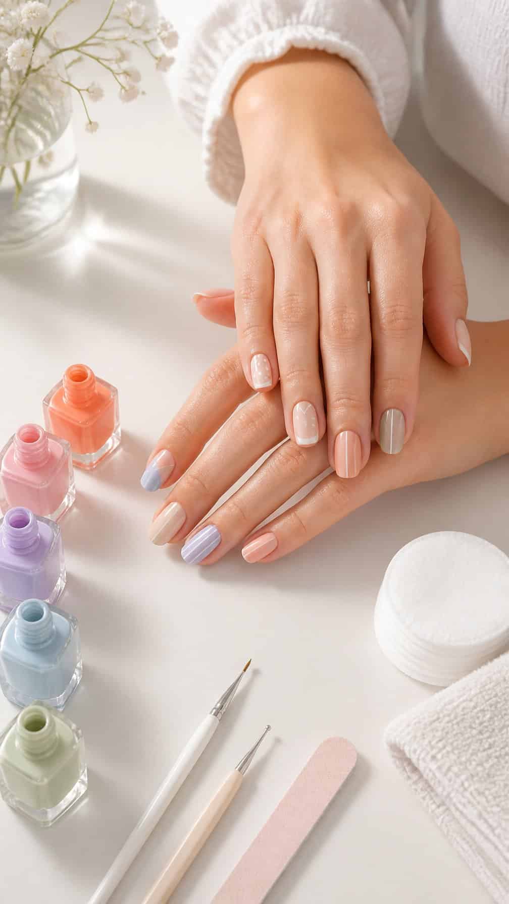 Hands with simple colorful nail designs arranged on a manicure workspace with polish bottles and basic tools.