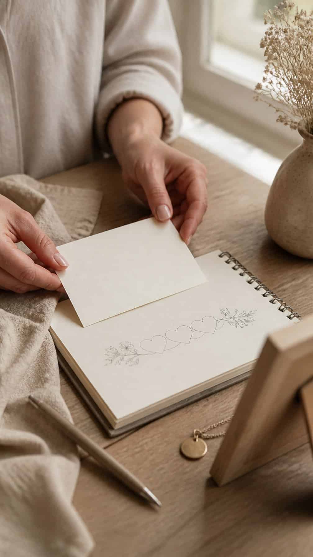 A parent’s hands arrange a blank card and a simple family tattoo design sketch on a warmly lit tabletop.