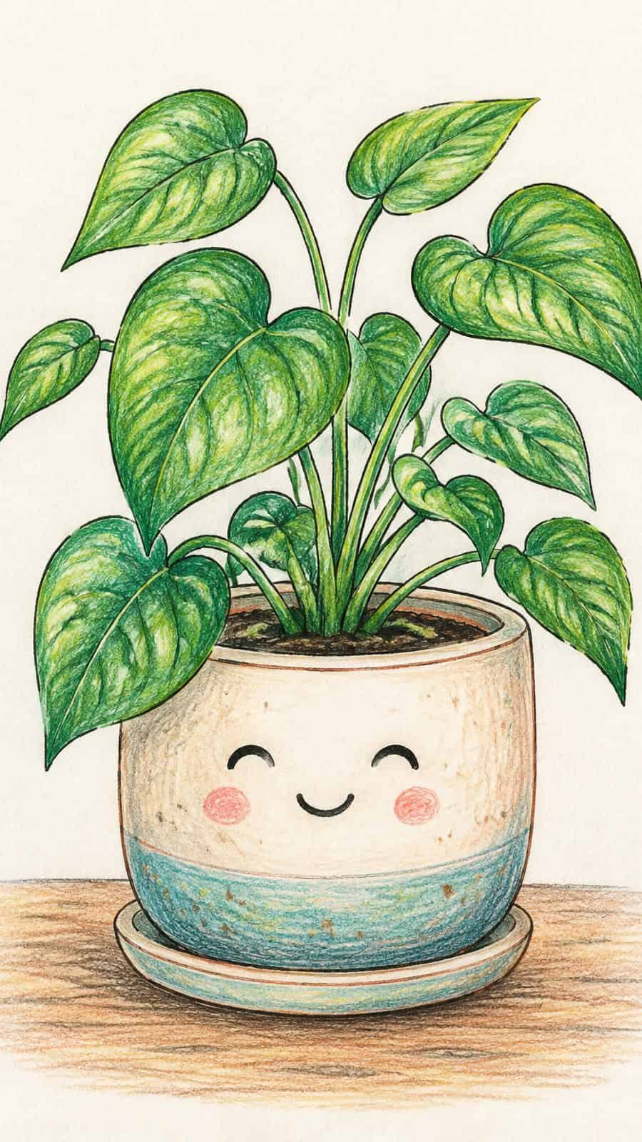 A hand-drawn artwork of happy houseplant in a pot.