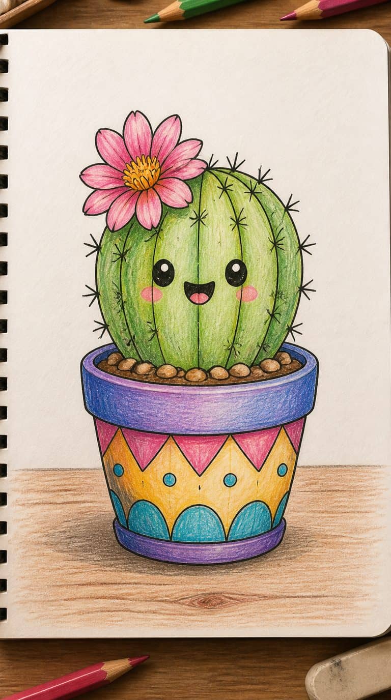 A hand-drawn artwork of happy potted cactus.