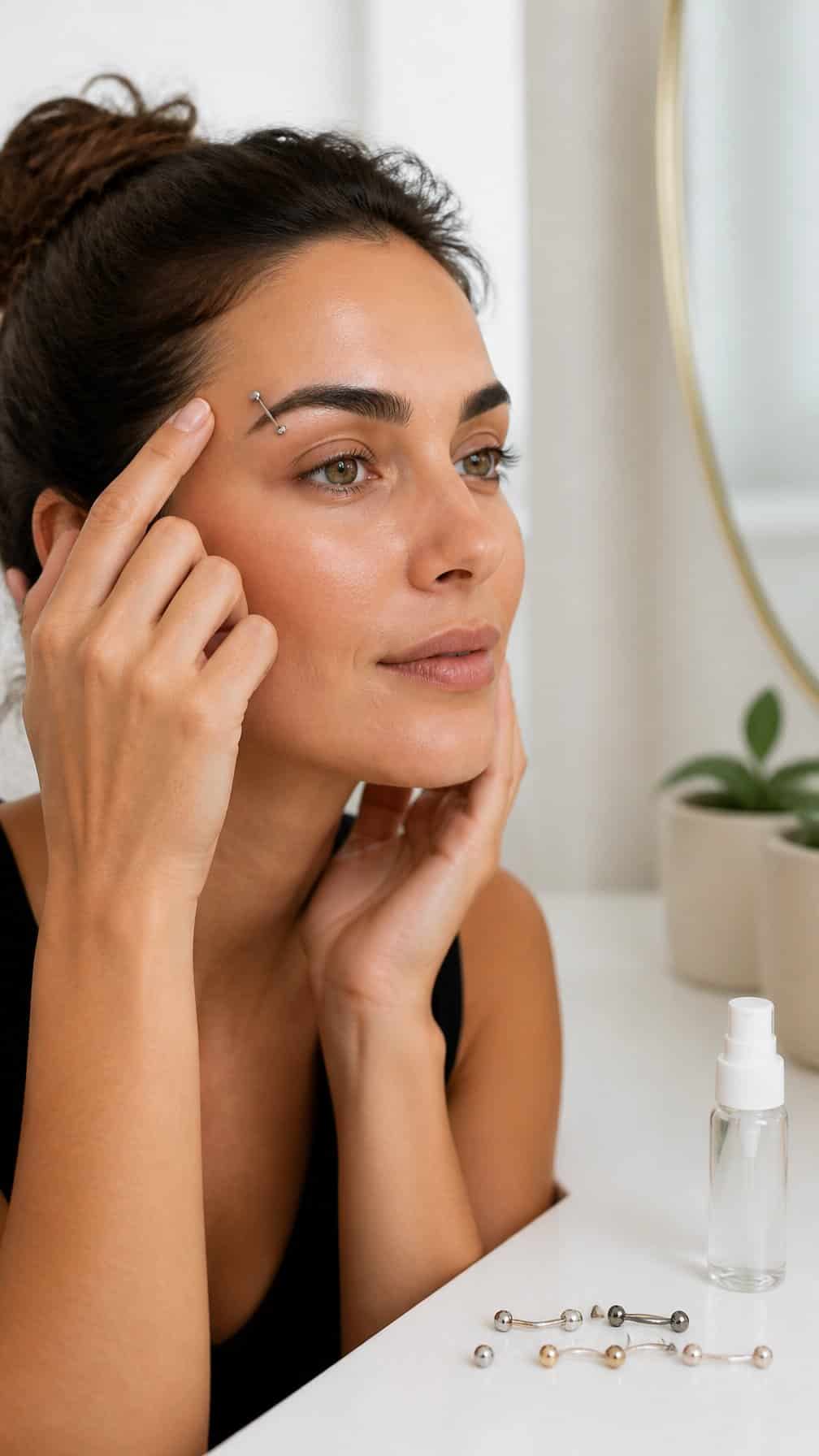 Adult model gently examines a healed eyebrow piercing beside saline spray and jewelry options.