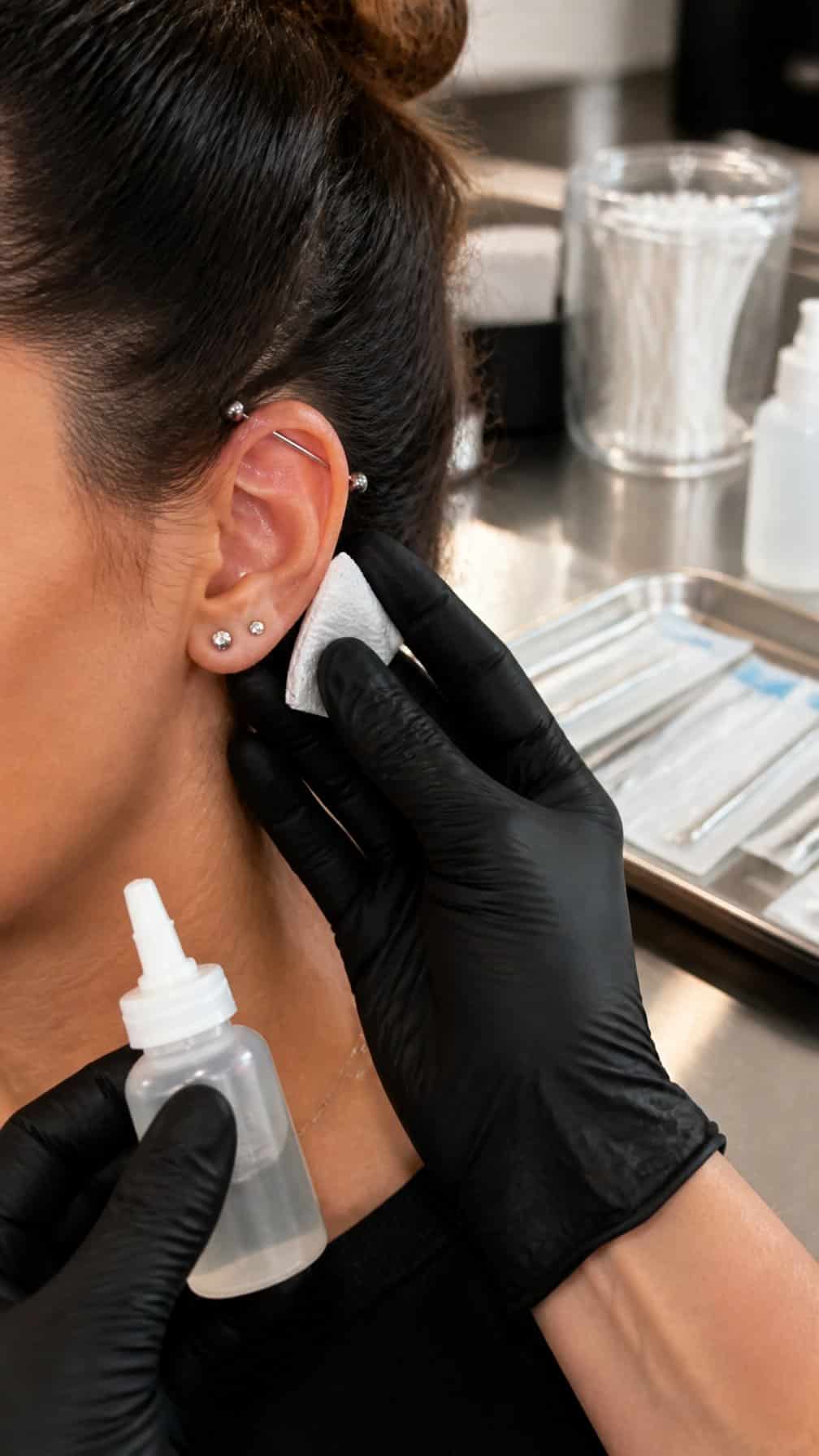 A professional piercer in gloves demonstrates aftercare for an industrial ear piercing in a clean studio.