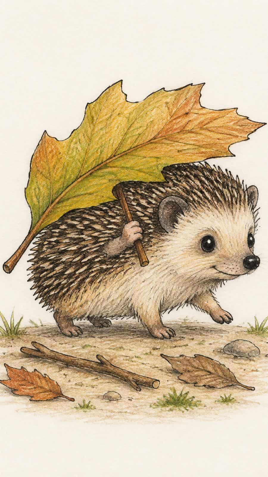 A hand-drawn artwork of hedgehog carrying a leaf.