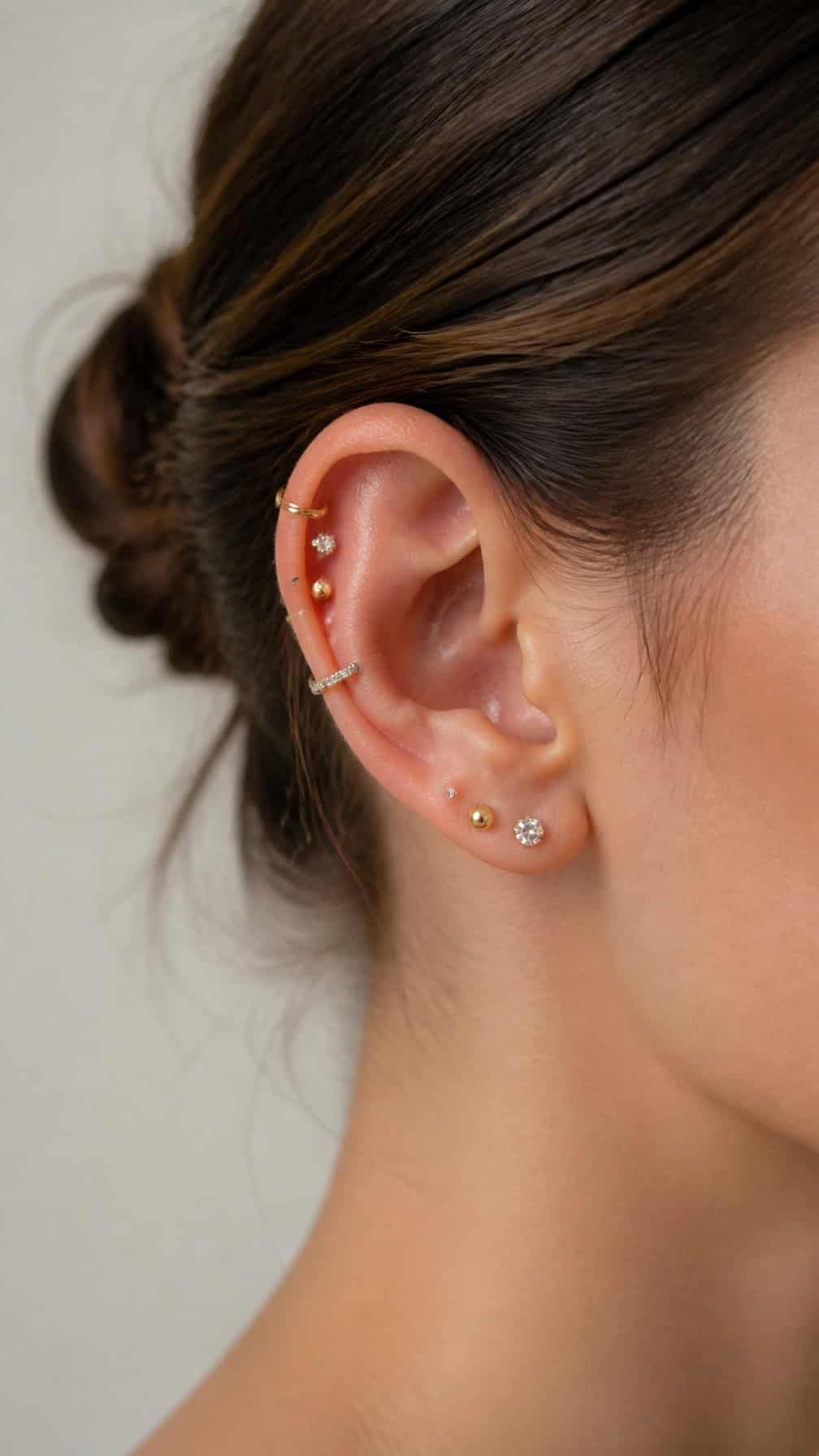 Close-up of an ear showing several elegant piercings along the upper outer cartilage.