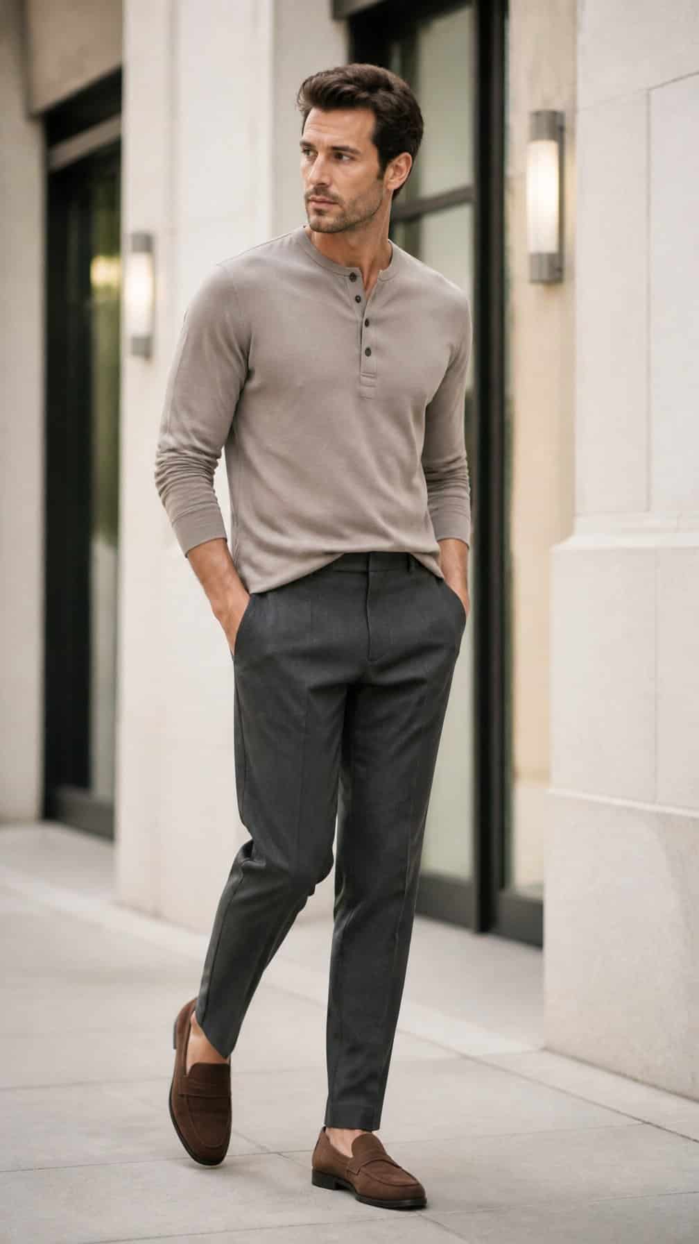 A man wearing a Henley shirt, tapered trousers, and suede loafers stands outdoors in a modern urban setting.