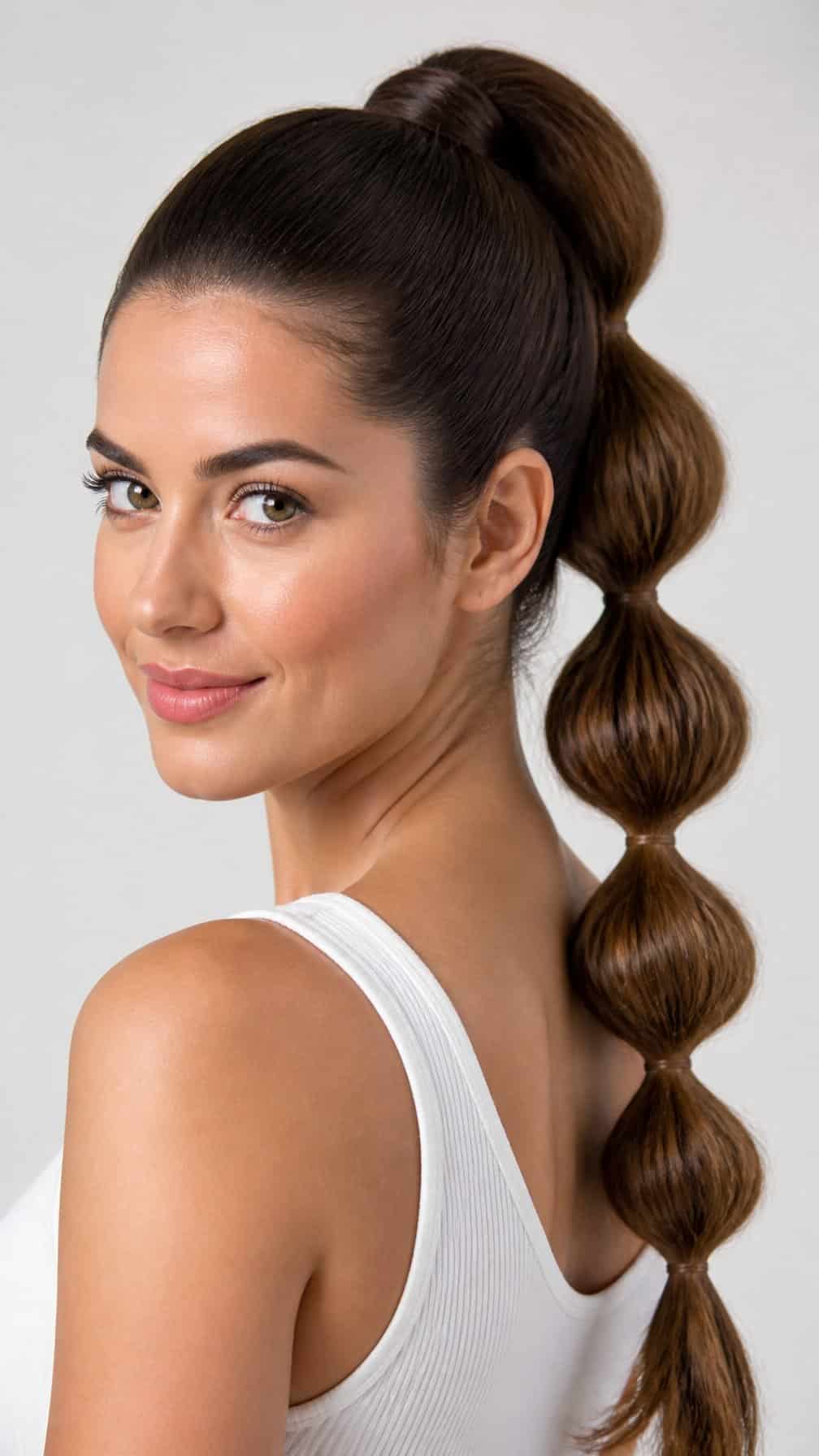Woman wearing a high bubble ponytail hairstyle.