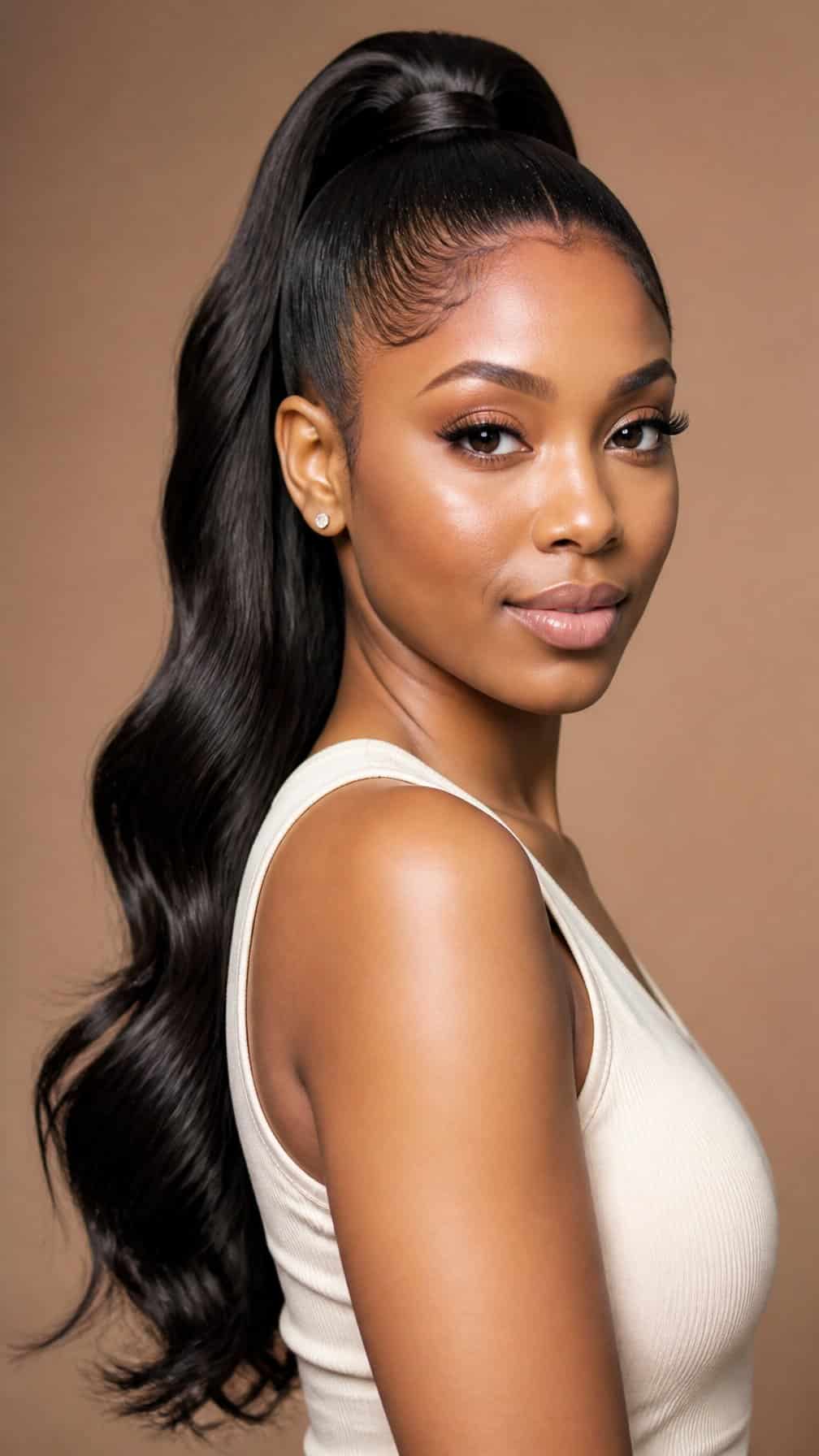 A woman poses in a softly lit studio with her hair gathered into a high ponytail.