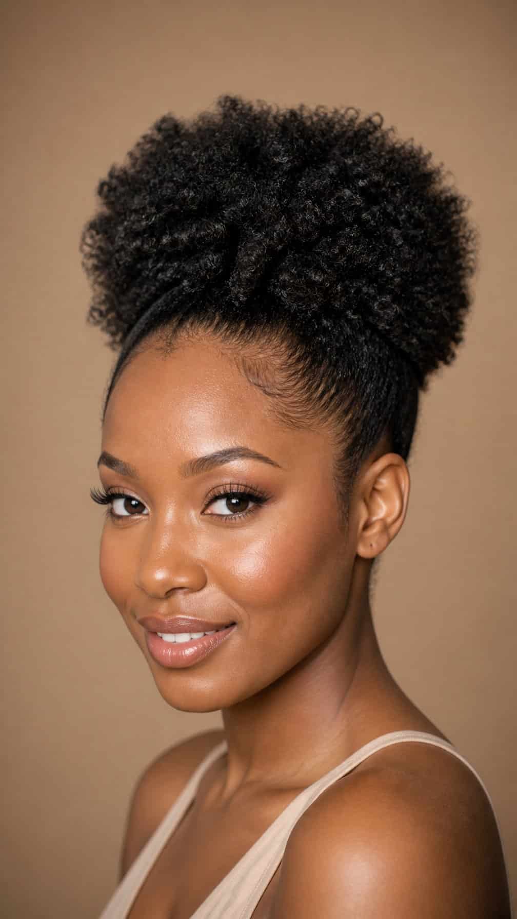 Woman with natural coily hair styled in a high puff.