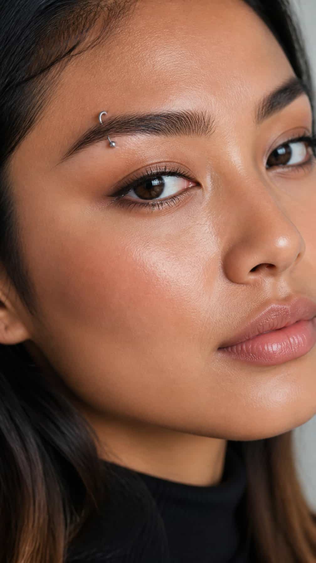 Close-up portrait of a person with hooded eyes and a high-set eyebrow piercing.