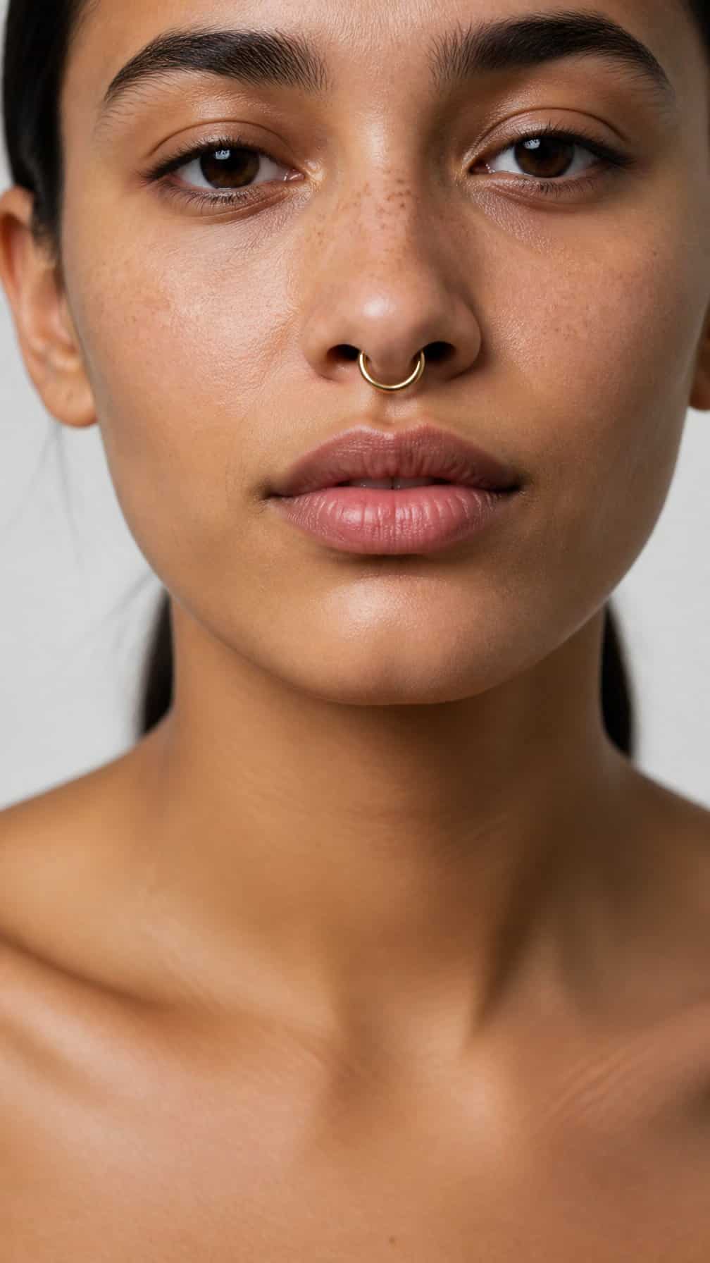 Close-up of a person wearing a polished hinged segment septum ring.